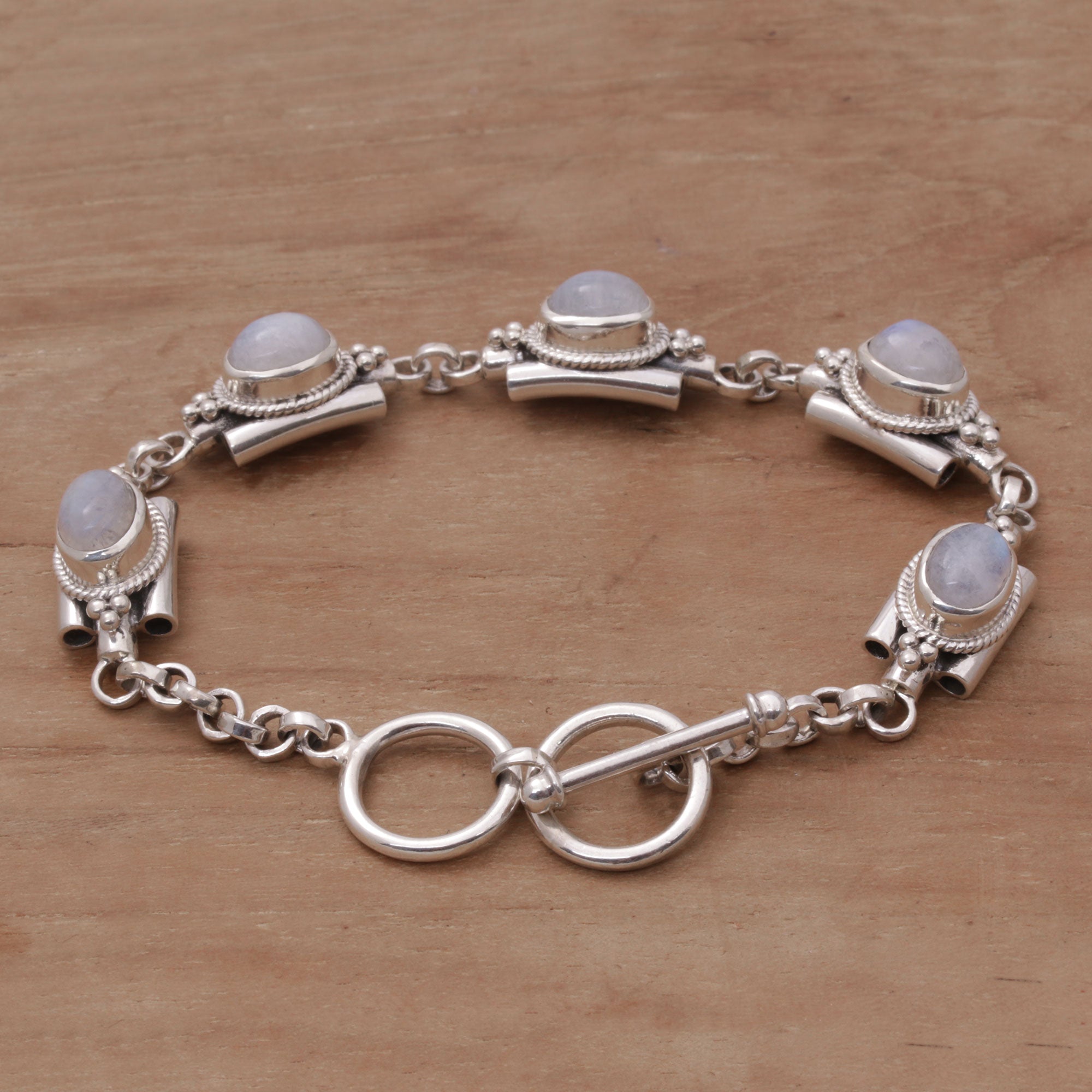 Premium Misty Domes Silver & Rainbow Moonstone Bracelet - Handcrafted Elegance