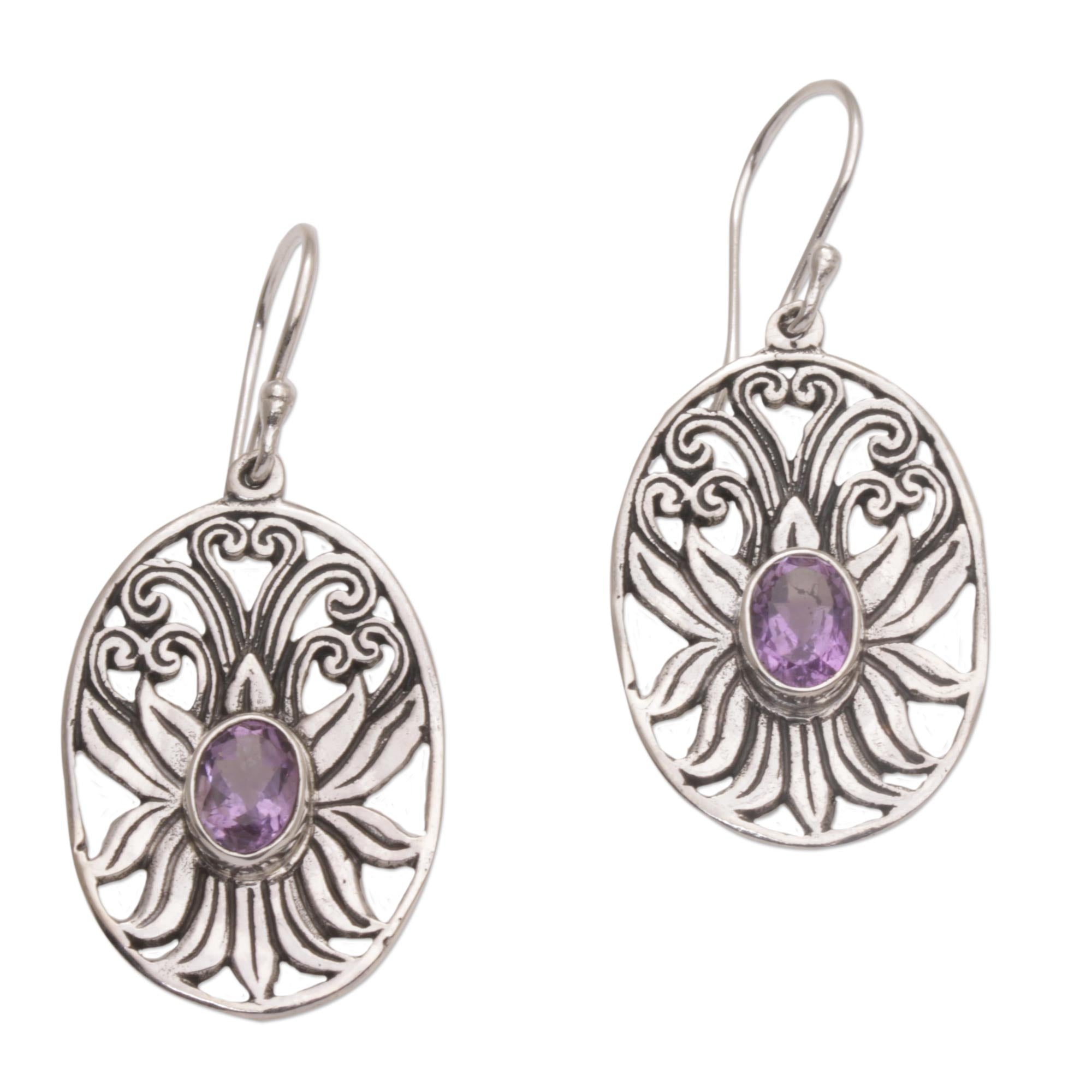 Premium Lotus Amethyst Sterling Silver Dangle Earrings - Timeless Elegance