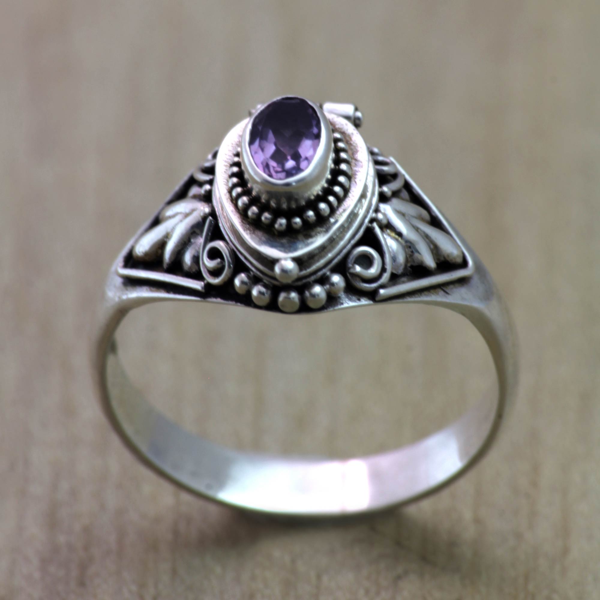 Premium Mysterious Garden Fair Trade Locket Ring – Amethyst & Sterling Silver