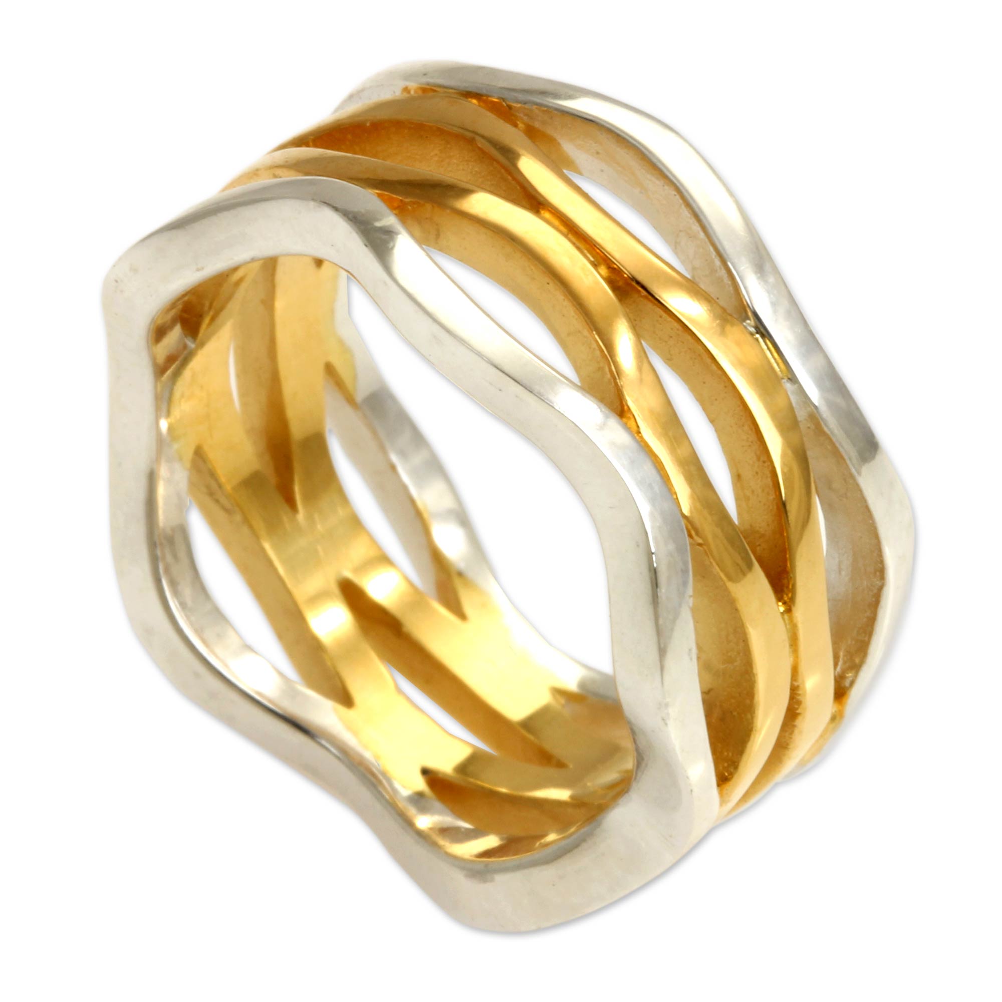 Premium Ocean Waves Sterling Silver & Gold Band Ring - Handcrafted Elegance