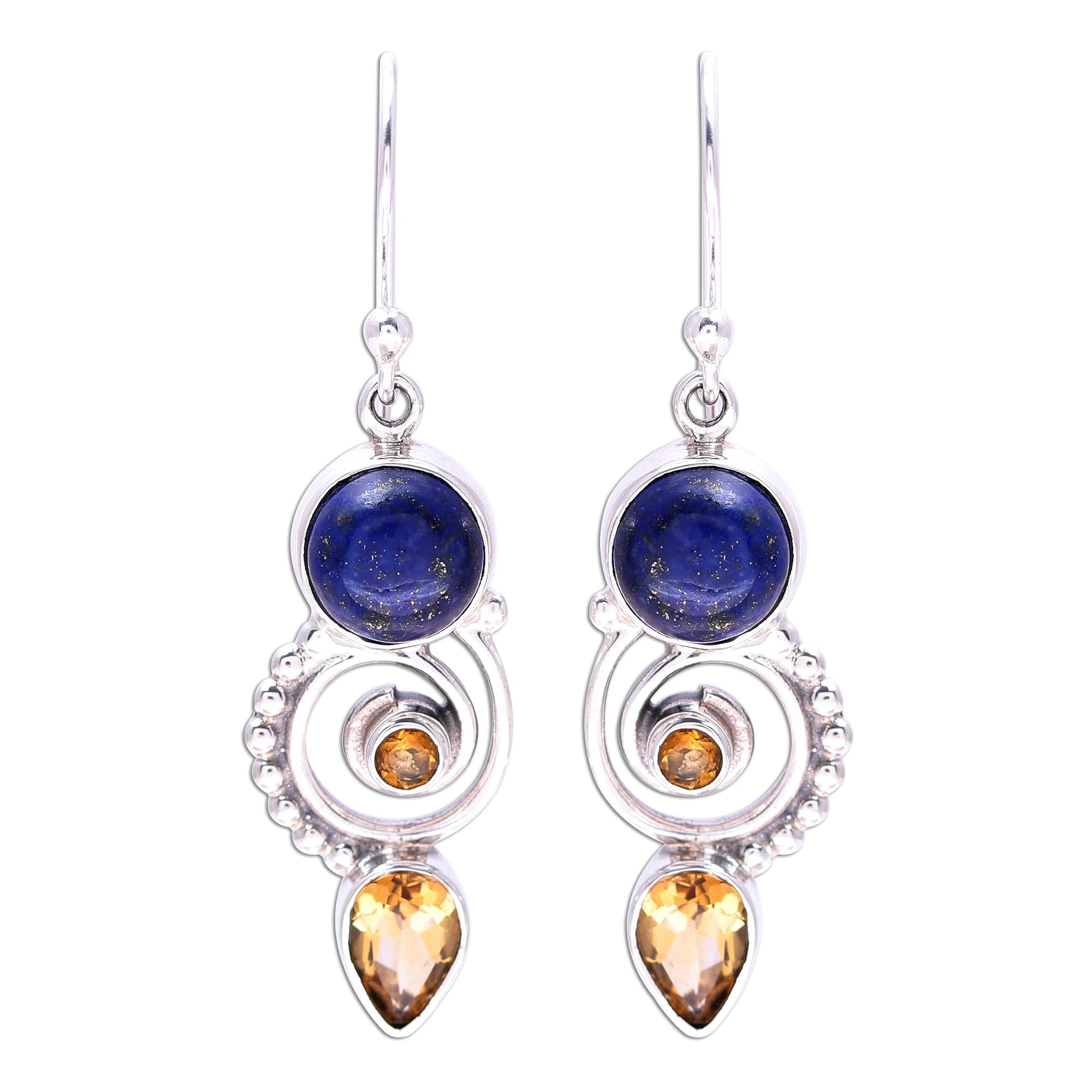 Premium Handcrafted Citrine & Lapis Lazuli Spiral Earrings - Indian Artisan Jewelry