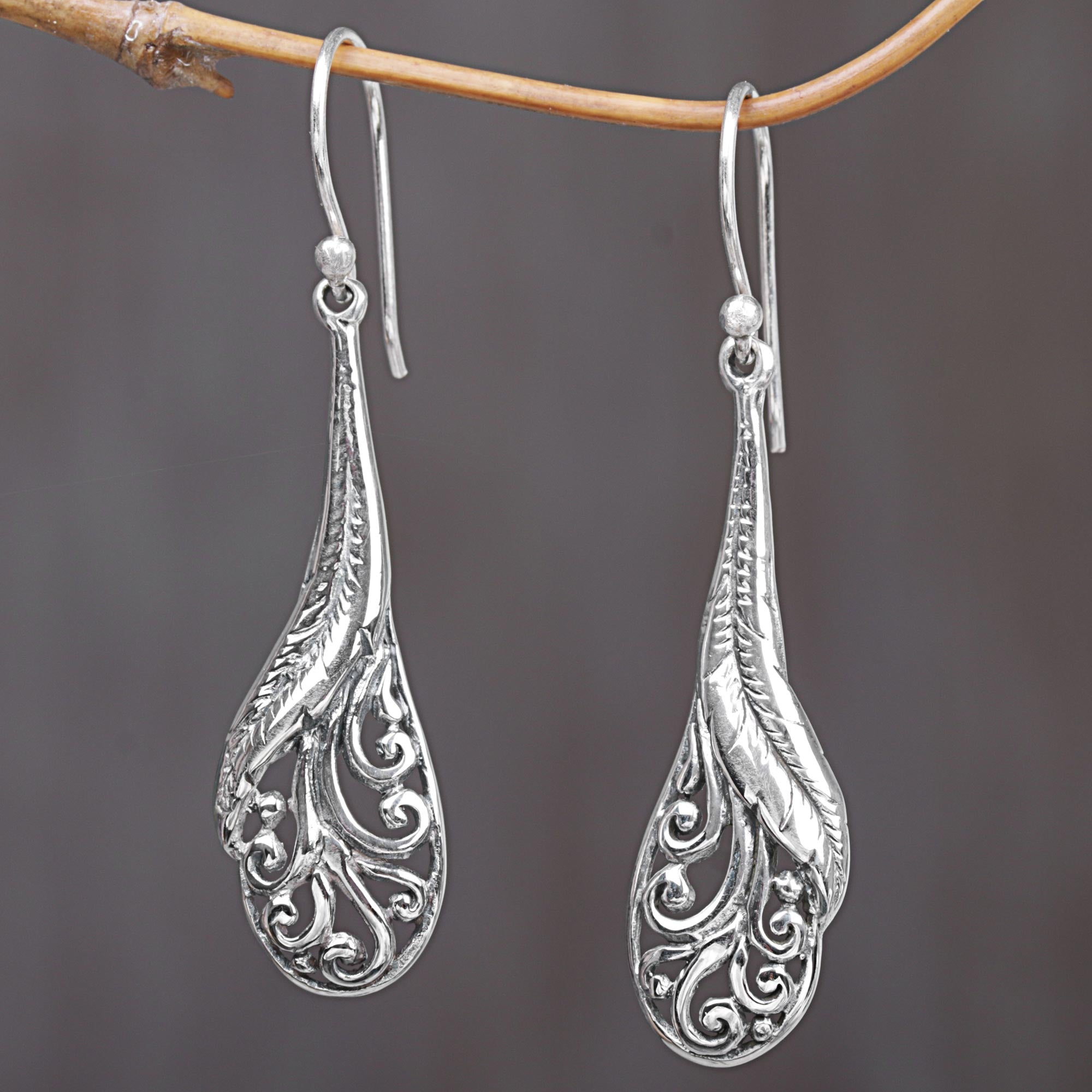 Premium Handcrafted Sterling Silver Peacock Feather Dangle Earrings - Elegant Indonesian Design