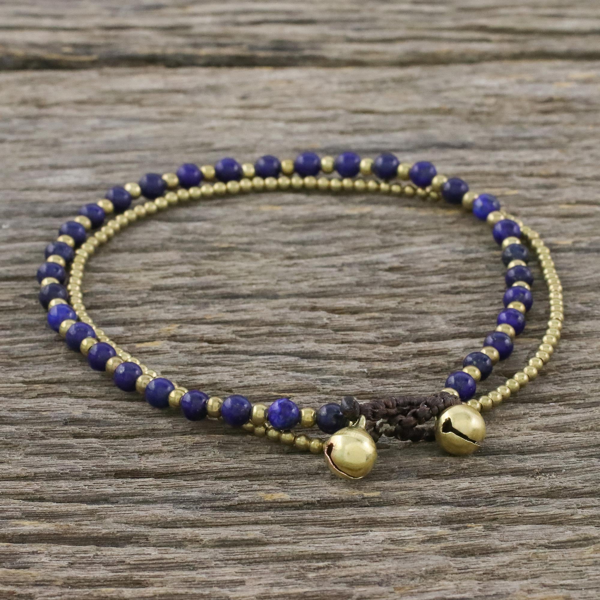 Premium Lapis Lazuli & Brass Adjustable Anklet with Bells - Handcrafted in Thailand