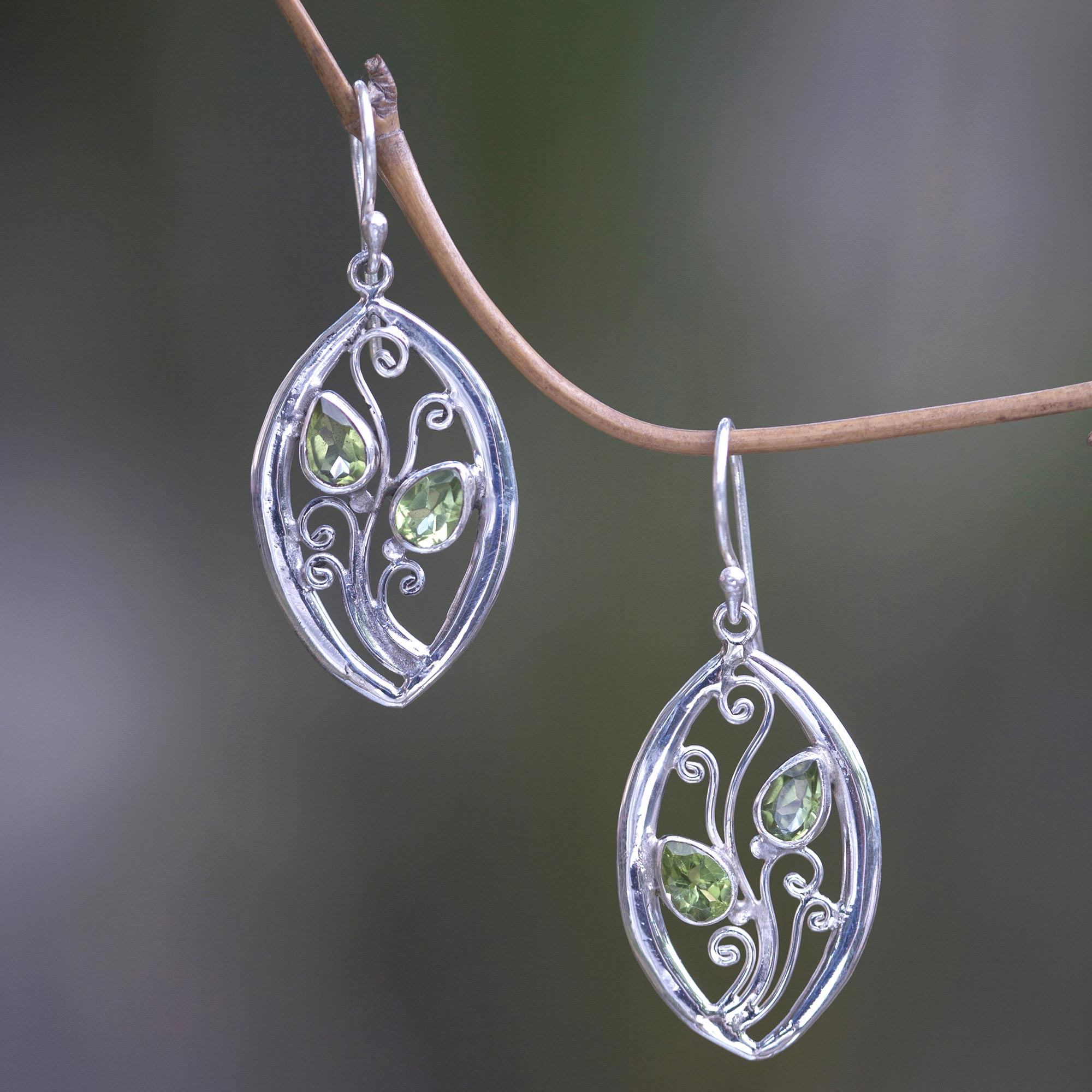 Premium Paradise Leaves Artisan Sterling Silver Earrings with Peridot Gemstones