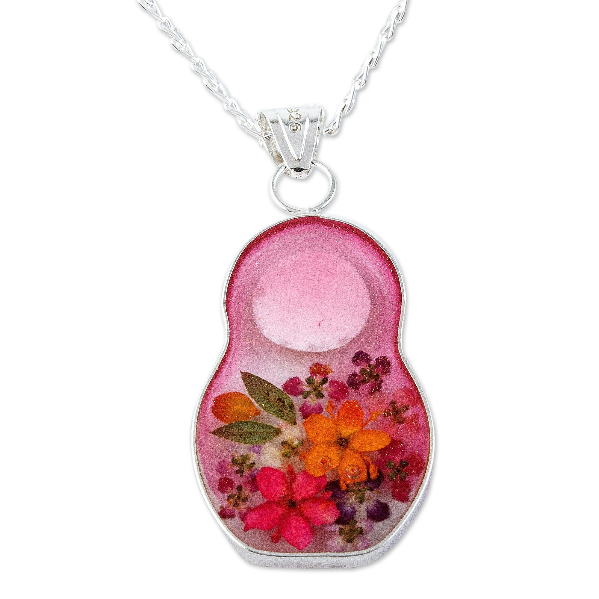 Premium Mexican Matryoshka Pendant Necklace with Natural Flowers - Handcrafted Elegance