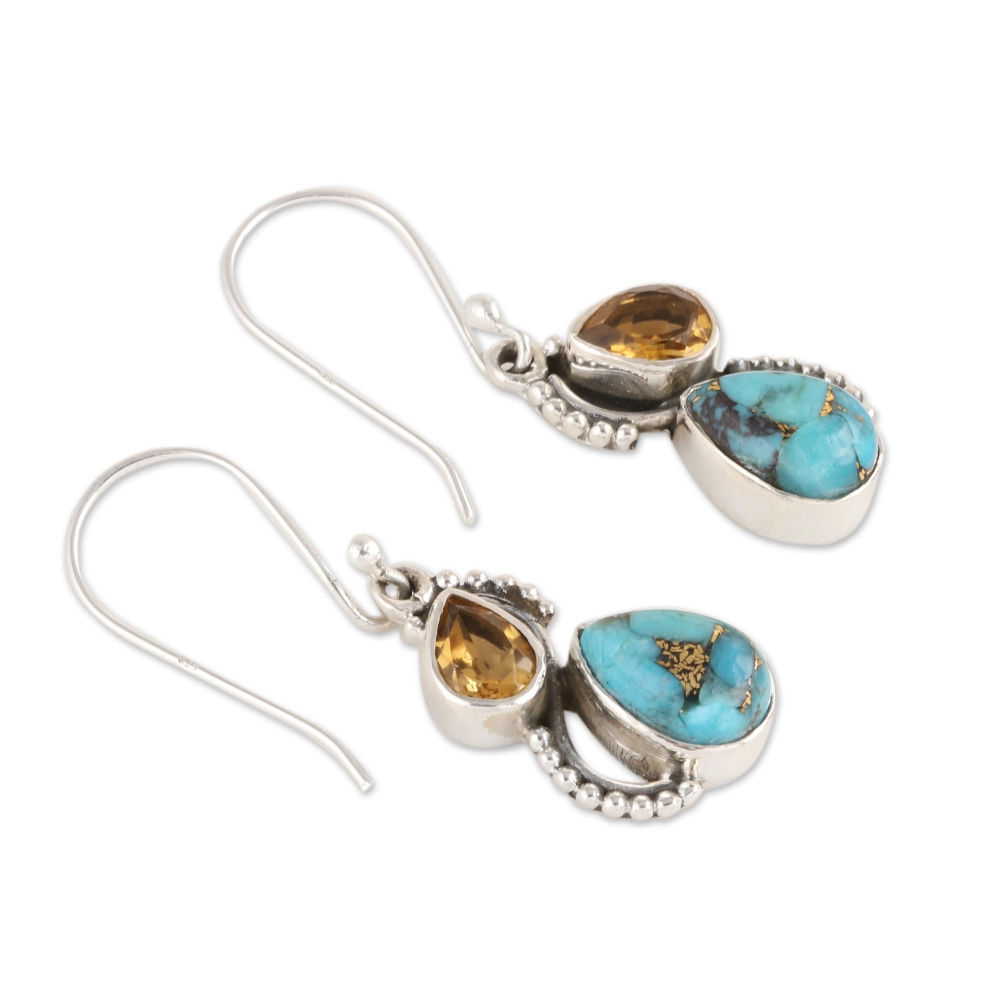 Premium Citrine & Turquoise Teardrop Dangle Earrings - Handcrafted Sterling Silver