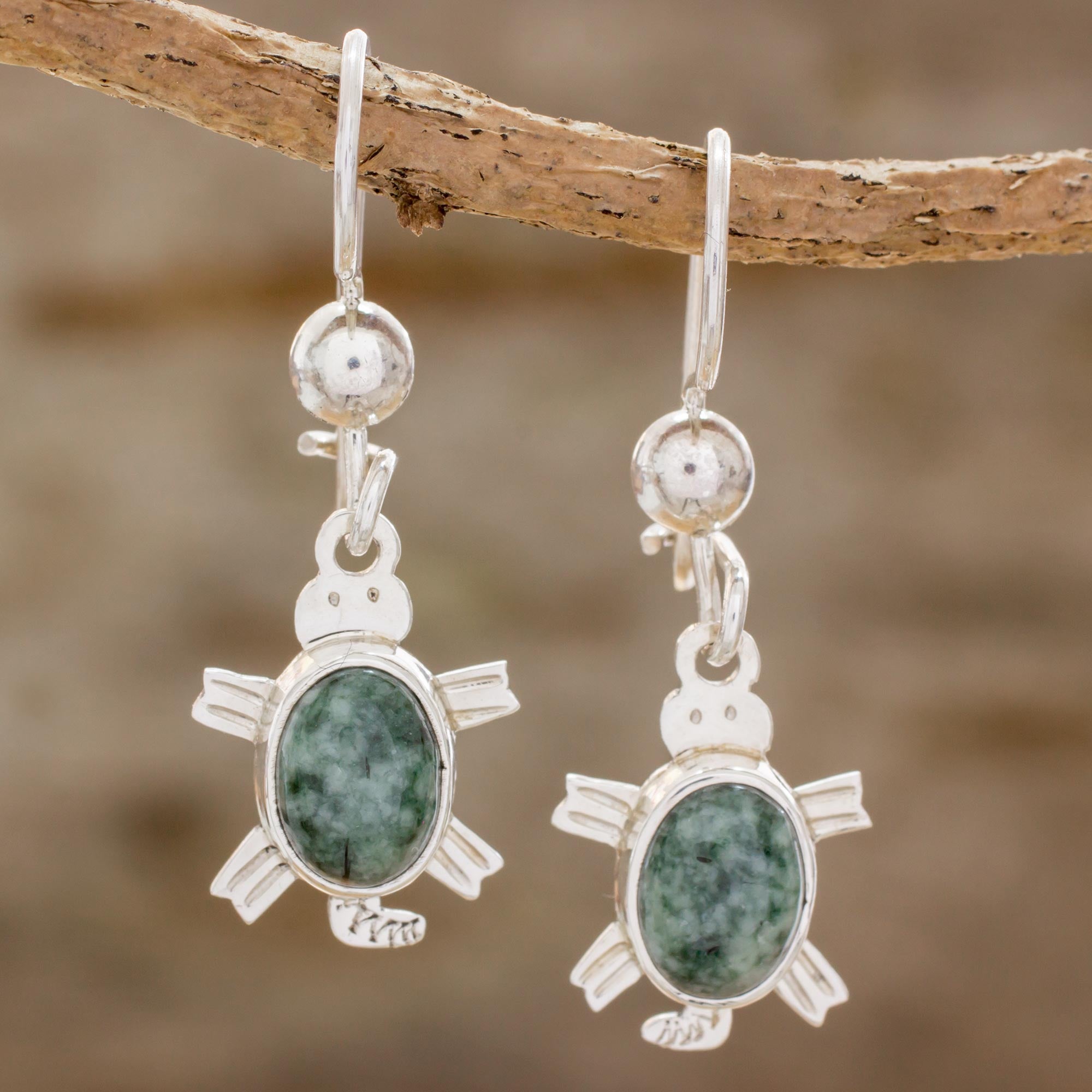 Premium Green Jade Turtle Dangle Earrings - Handcrafted Sterling Silver Jewelry