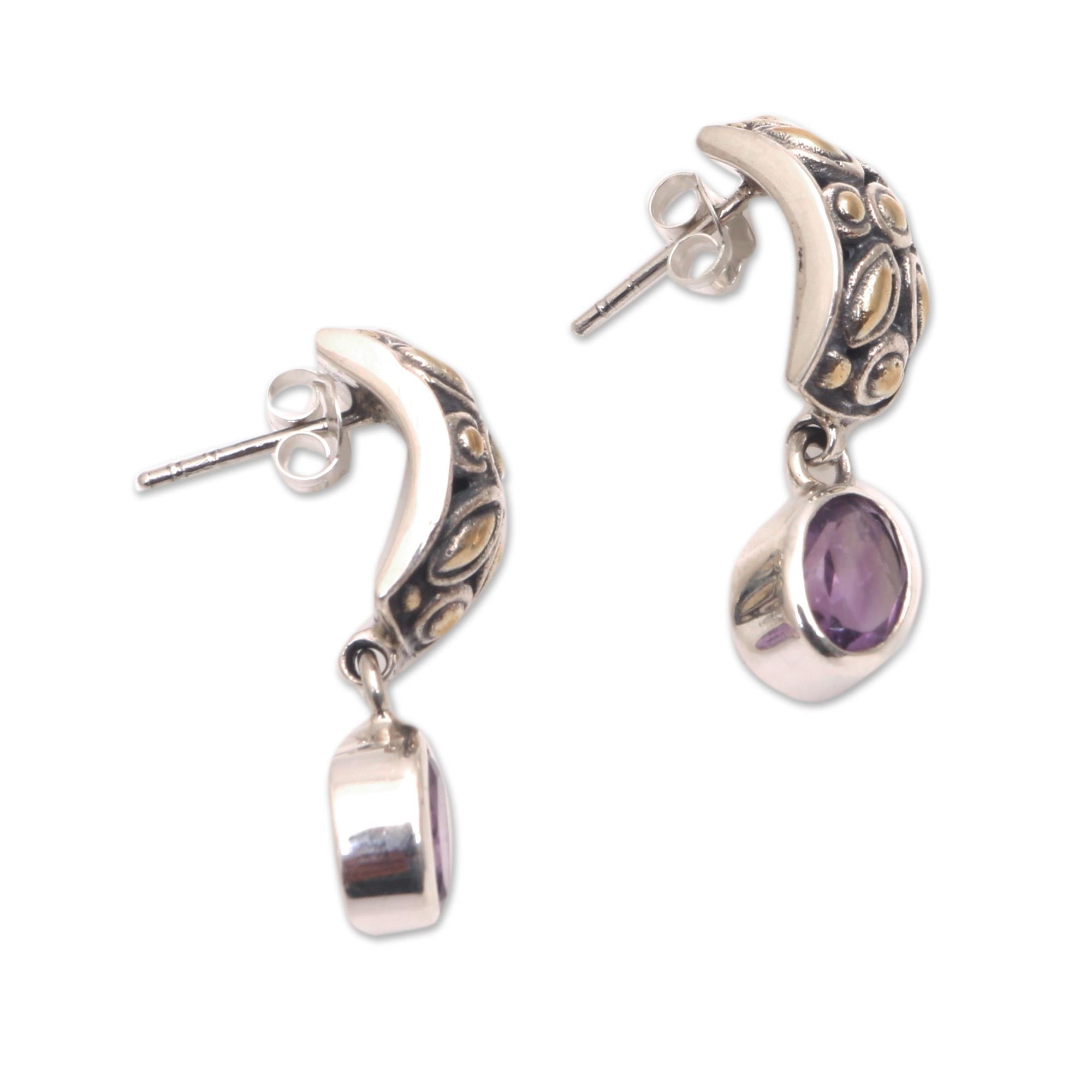 Premium Bali Amethyst Dangle Earrings with 22K Gold Padi Accents