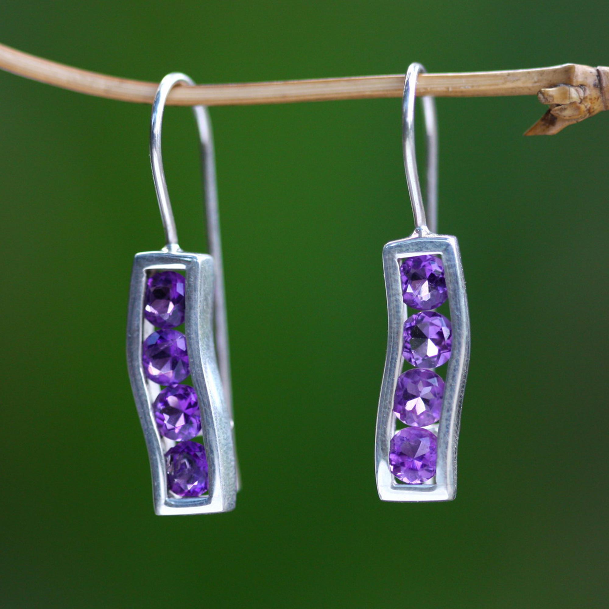 Premium Amethyst & Silver Ribbon Drop Earrings - Handcrafted Elegance