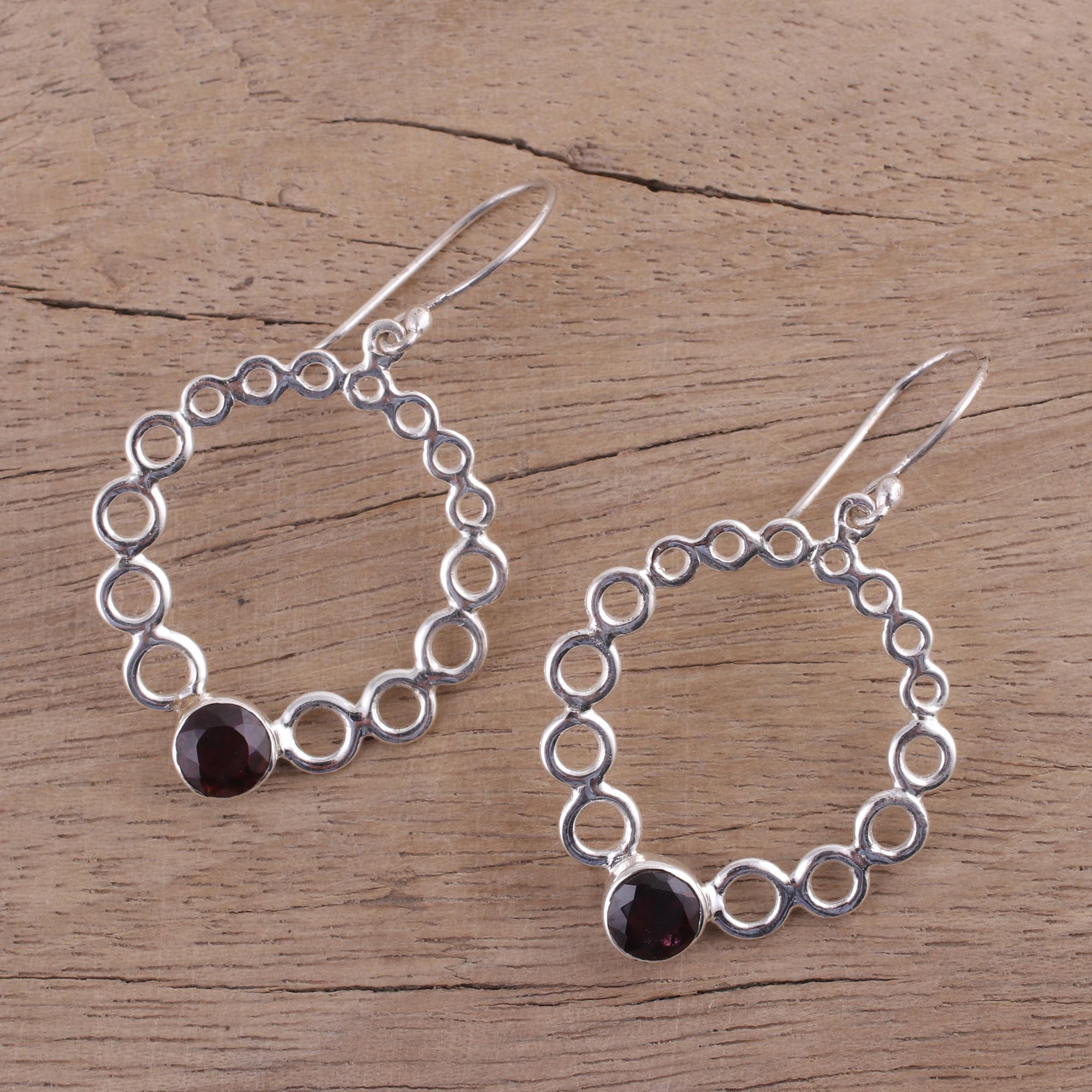 Premium Halo Circle Garnet Dangle Earrings - Handcrafted Sterling Silver Jewelry from India