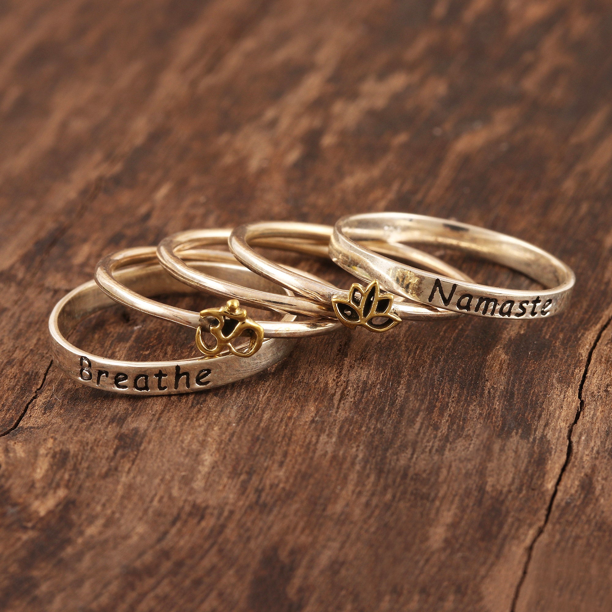 Premium Namaste & Breathe Stackable Sterling Silver Rings - Ultimate Peaceful Greetings