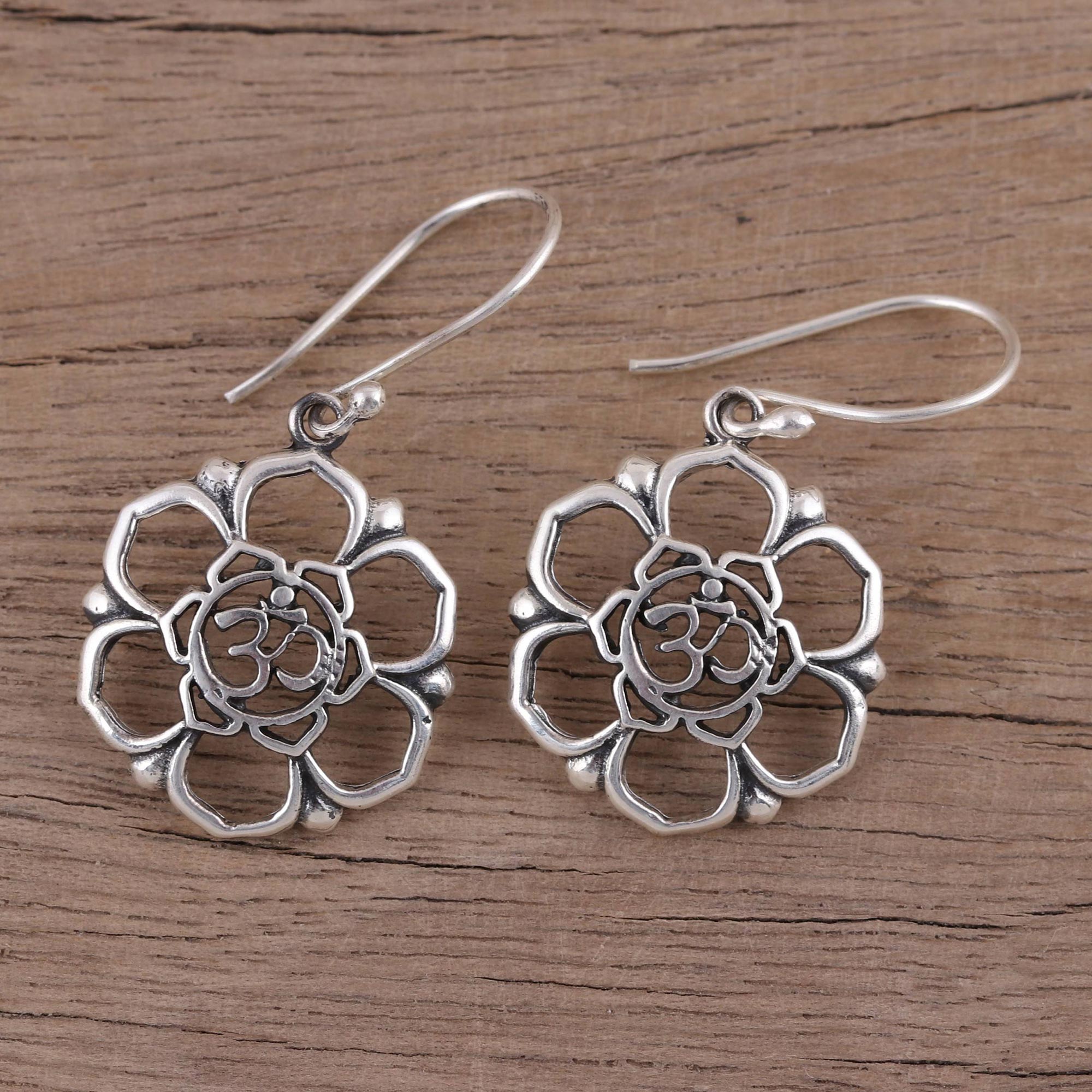 Premium Floral Om Sterling Silver Dangle Earrings with Sacred Symbol