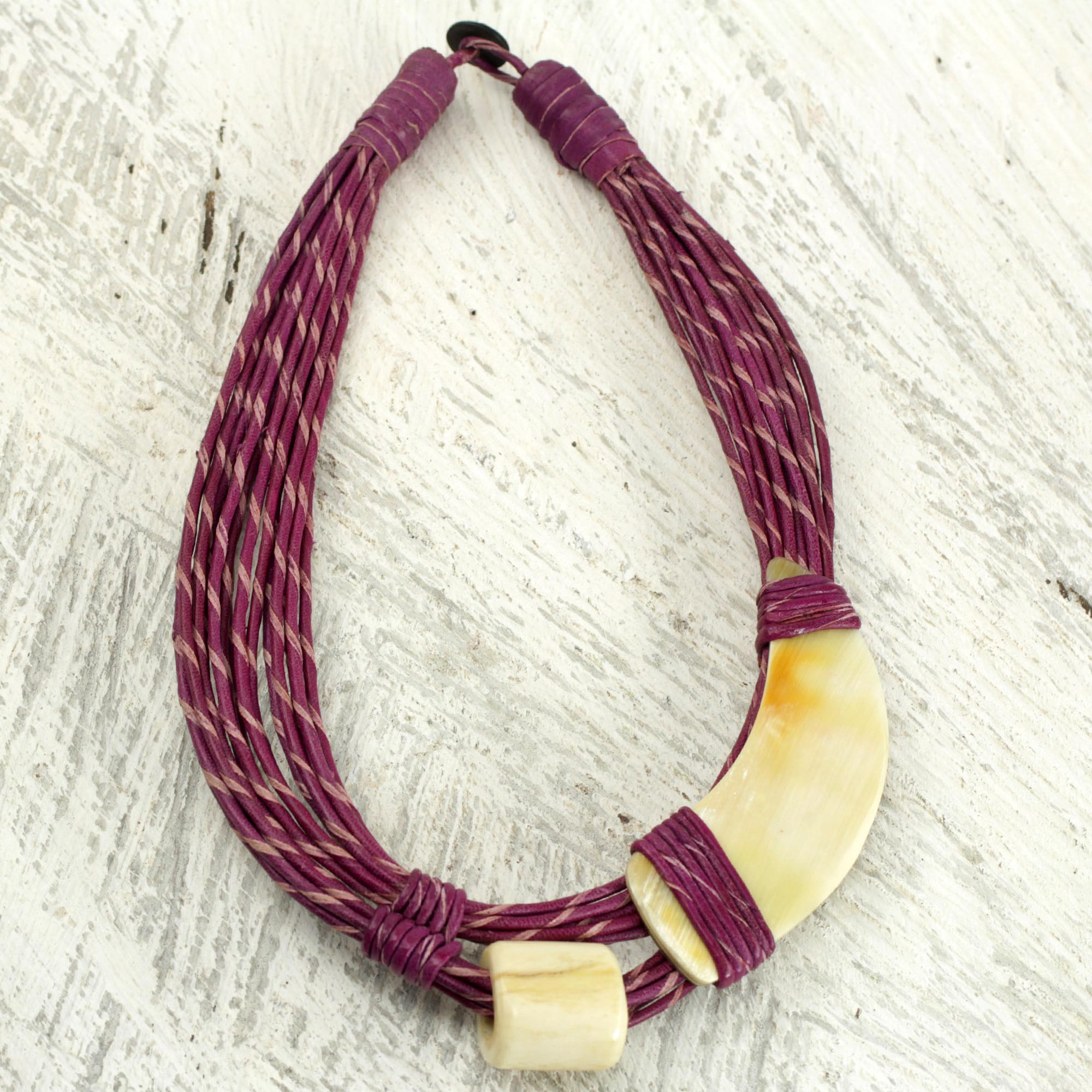 Premium Sougri Violet Handcrafted Leather Necklace with Bone & Horn Pendant