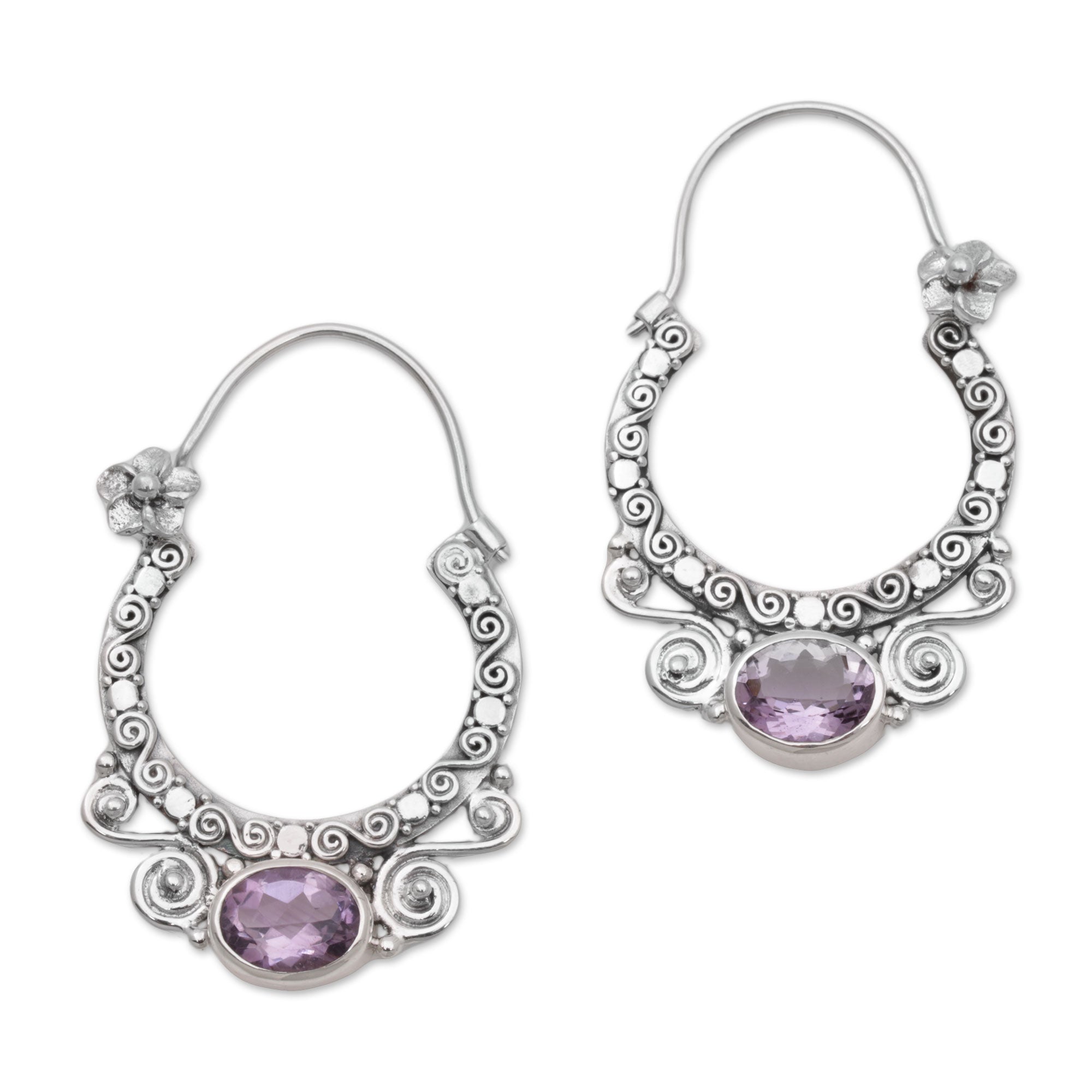 Premium Spiral Arches Amethyst & Silver Hoop Earrings