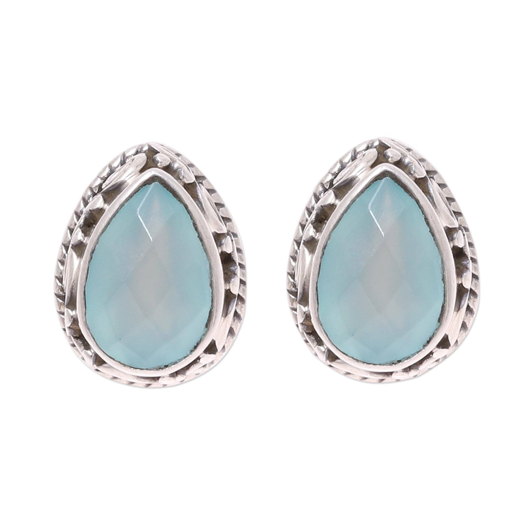 Premium Sky Blue Chalcedony Teardrop Earrings - Handcrafted Sterling Silver