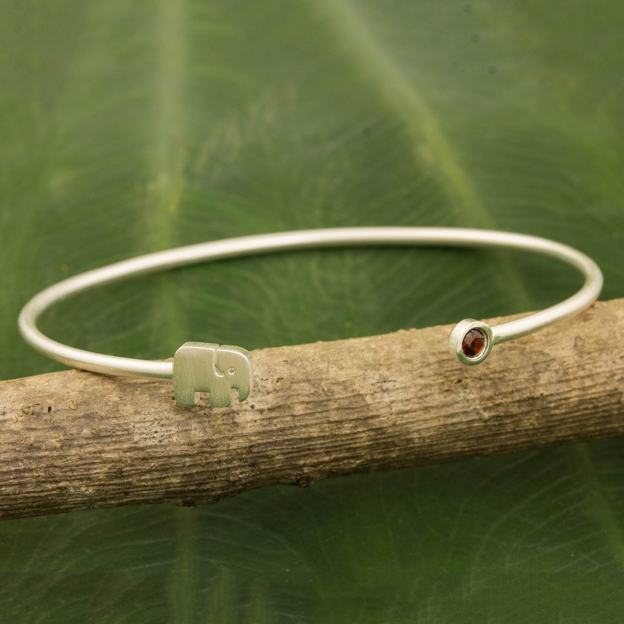 Premium Elephant Smile Artisan Sterling Silver Cuff Bracelet with Natural Garnet