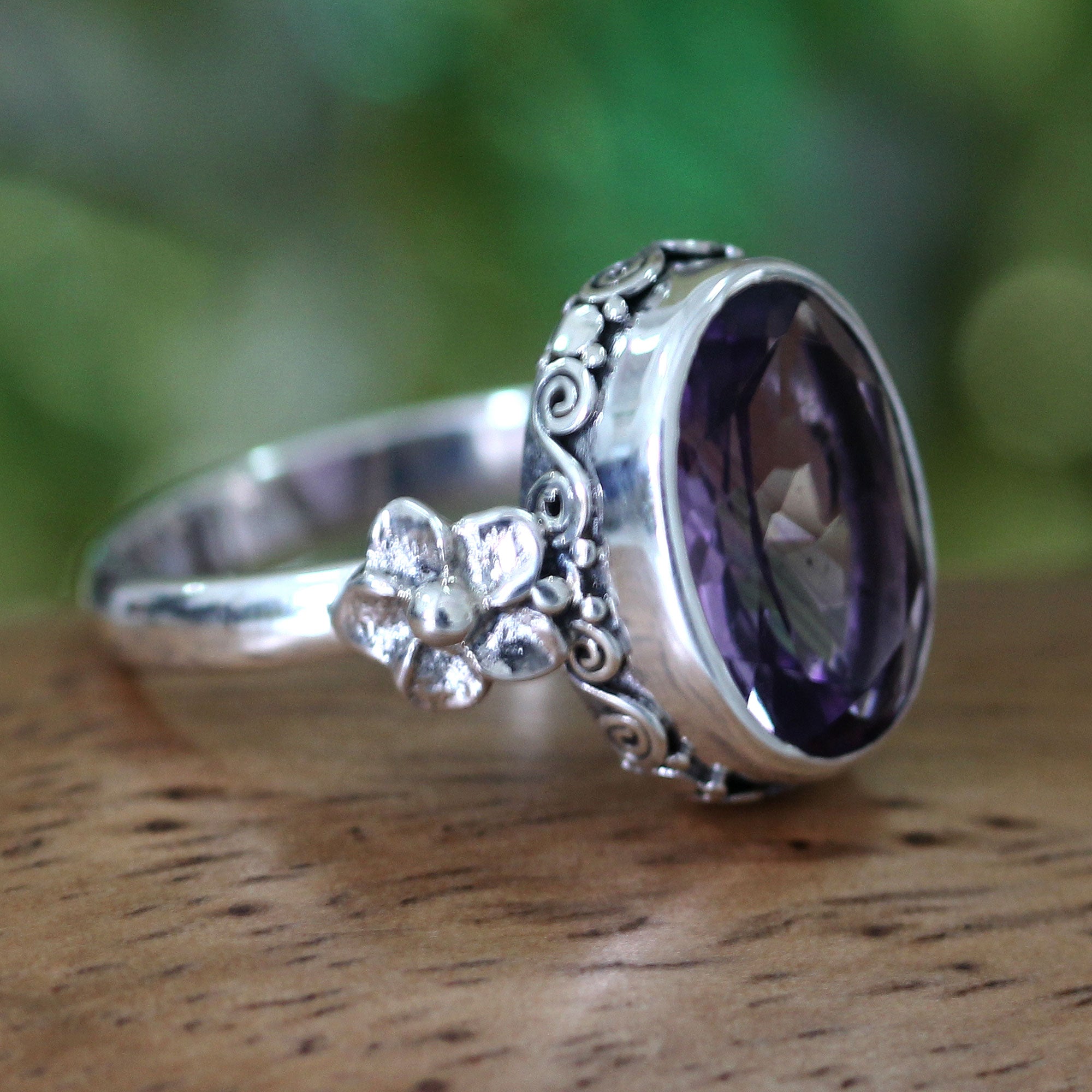 Premium Frangipani Allure Handcrafted Floral Ring - Amethyst Elegance