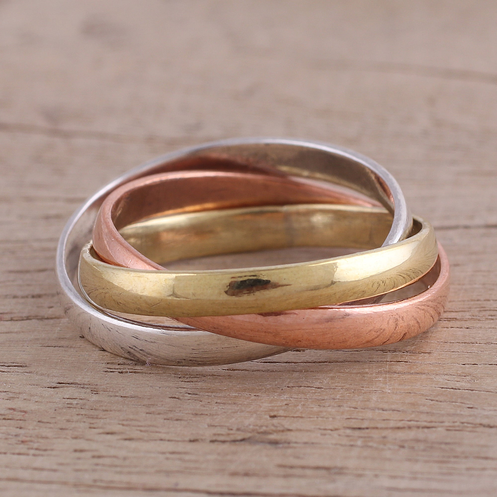 Premium Handcrafted Tri-Metal Band Ring - Sterling Silver, Copper & Brass