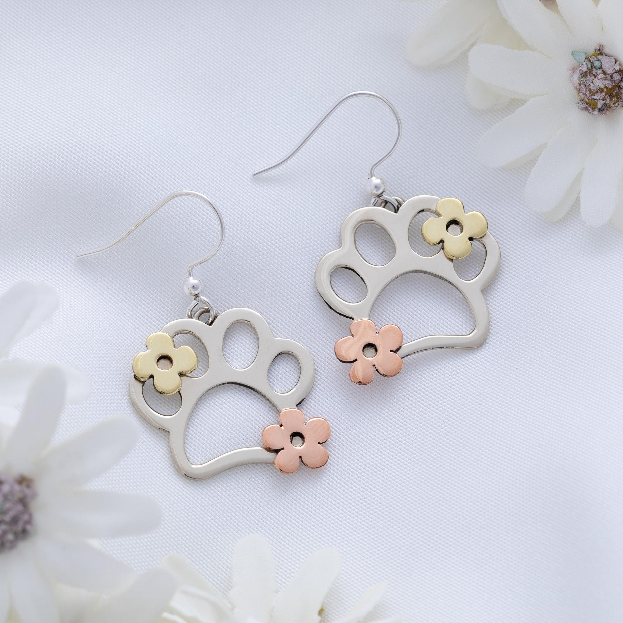 Premium Paws & Flowers Mixed Metal Earrings - Handcrafted Elegance