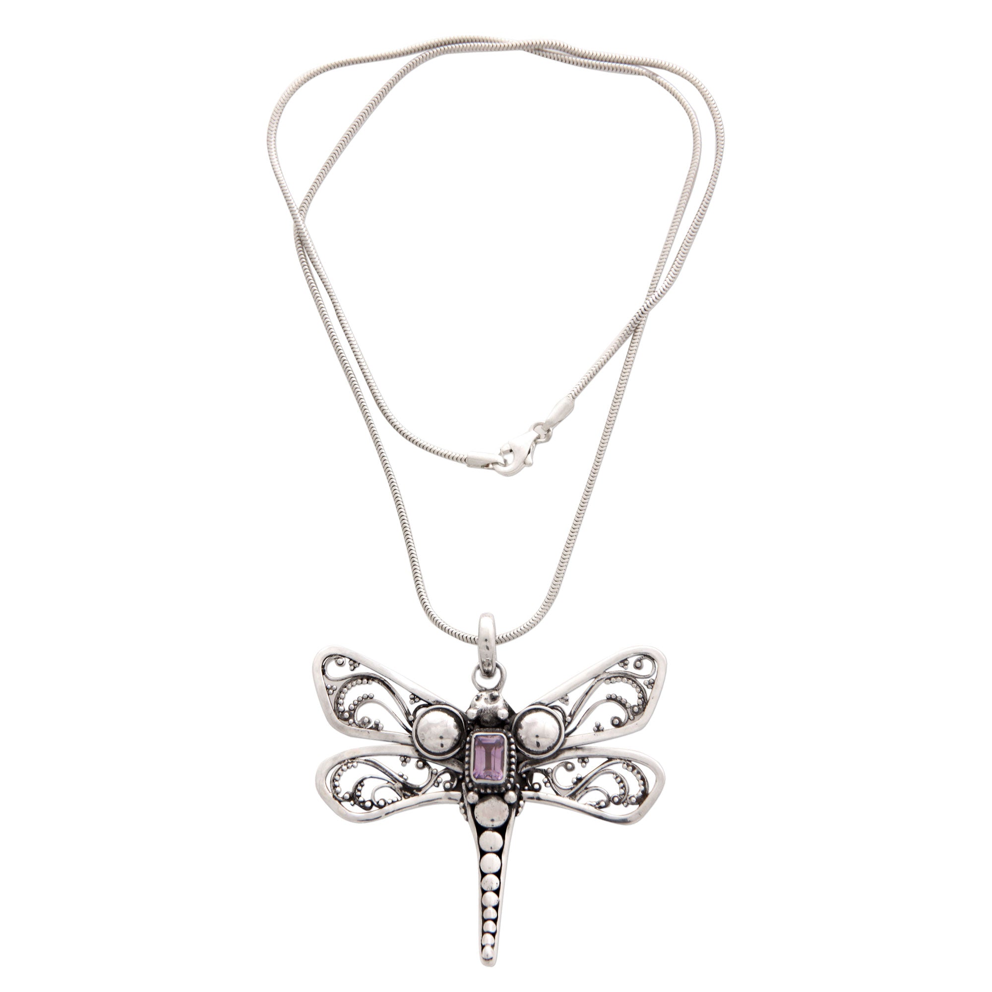 Premium Lavender Dragonfly Amethyst Sterling Silver Necklace - Handmade in Bali