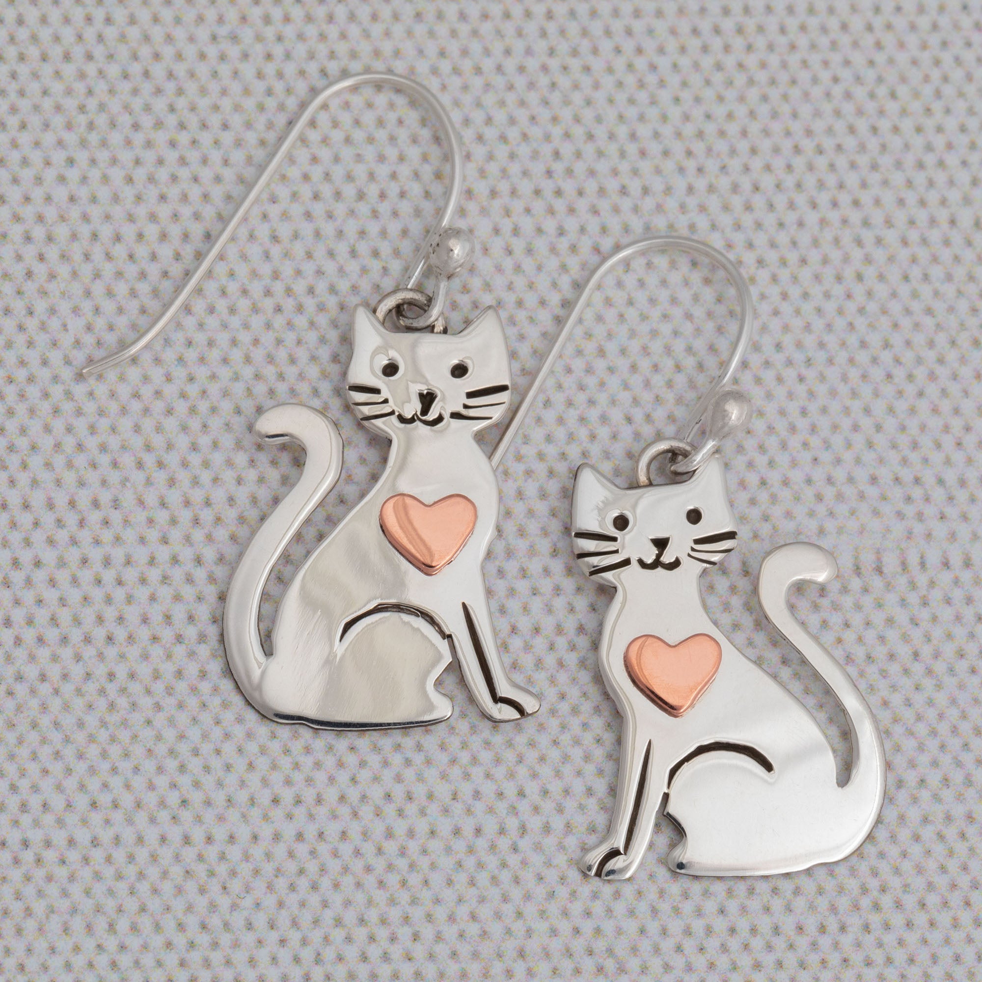 Premium Sterling Silver Cat Earrings with Copper Heart