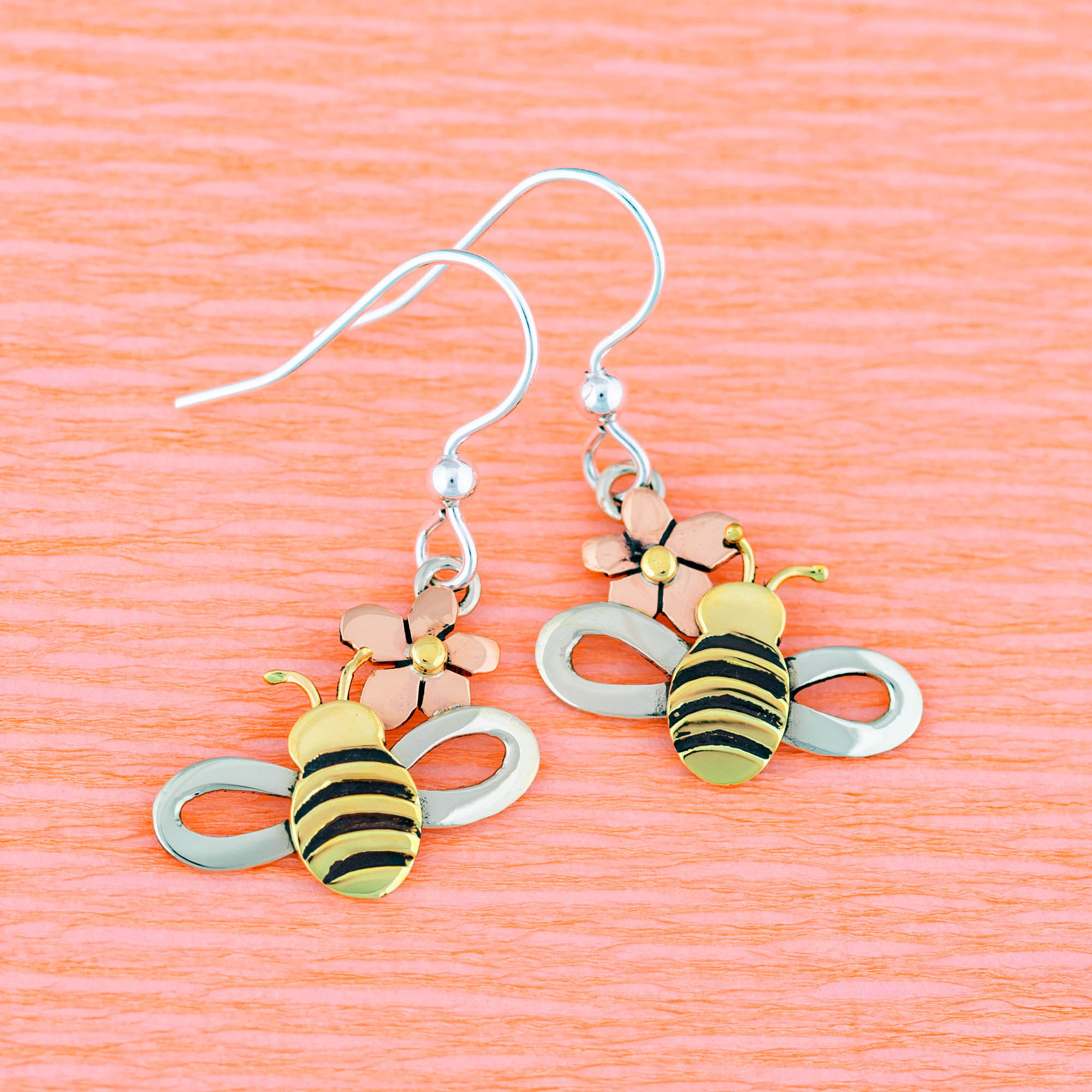 Premium Bee & Flower Mixed Metal Earrings - Handcrafted Fair-Trade Jewelry