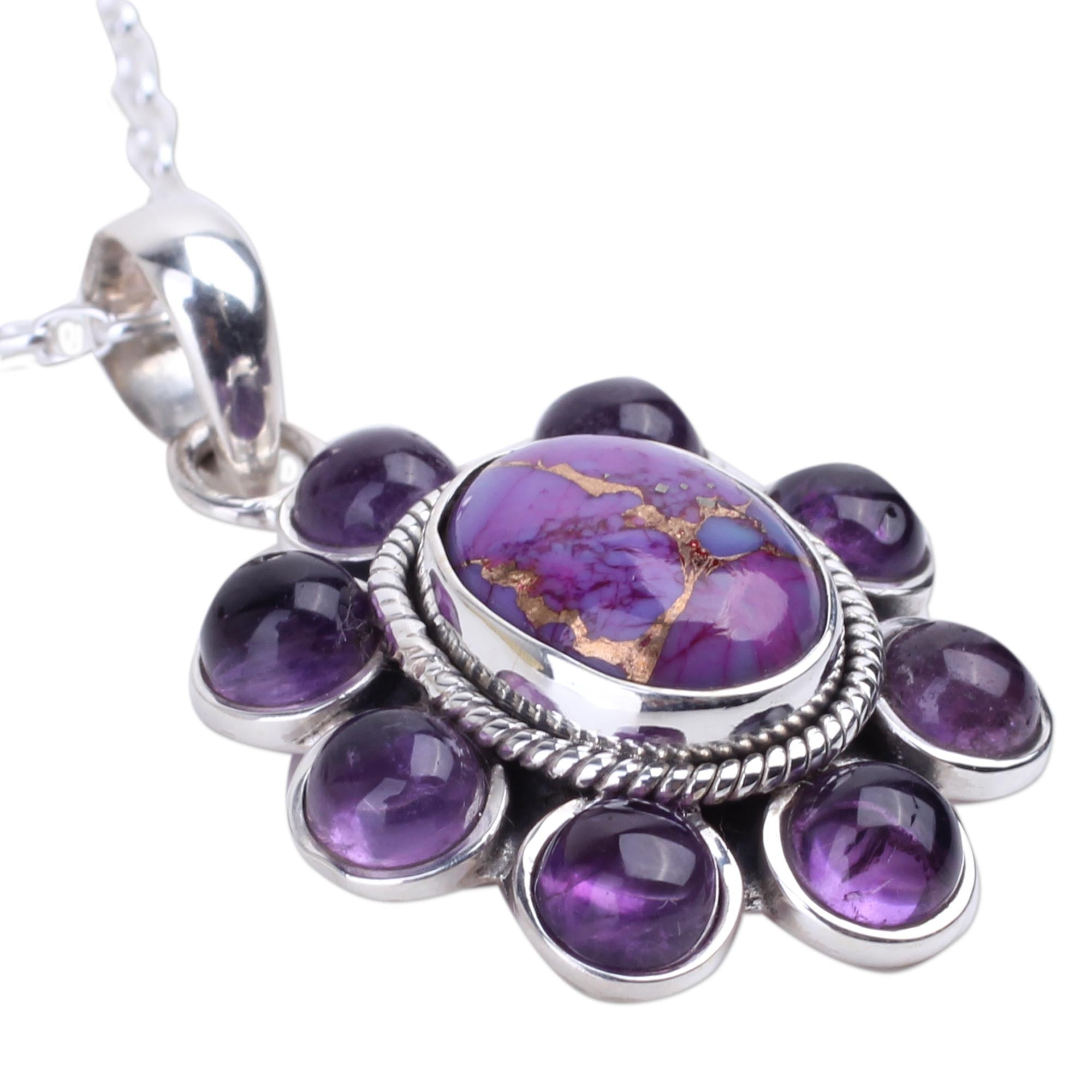 Premium Artisan Crafted Deep Purple Blossom Necklace with Amethyst & Turquoise