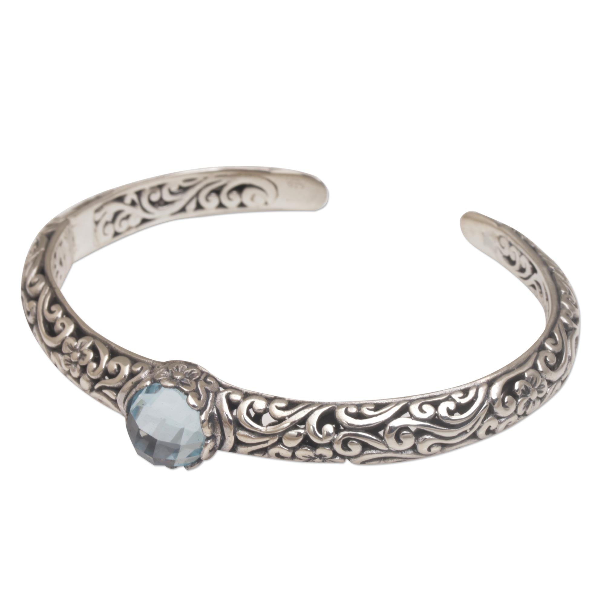 Premium Blue Topaz Sterling Silver Cuff Bracelet - Handcrafted Elegance