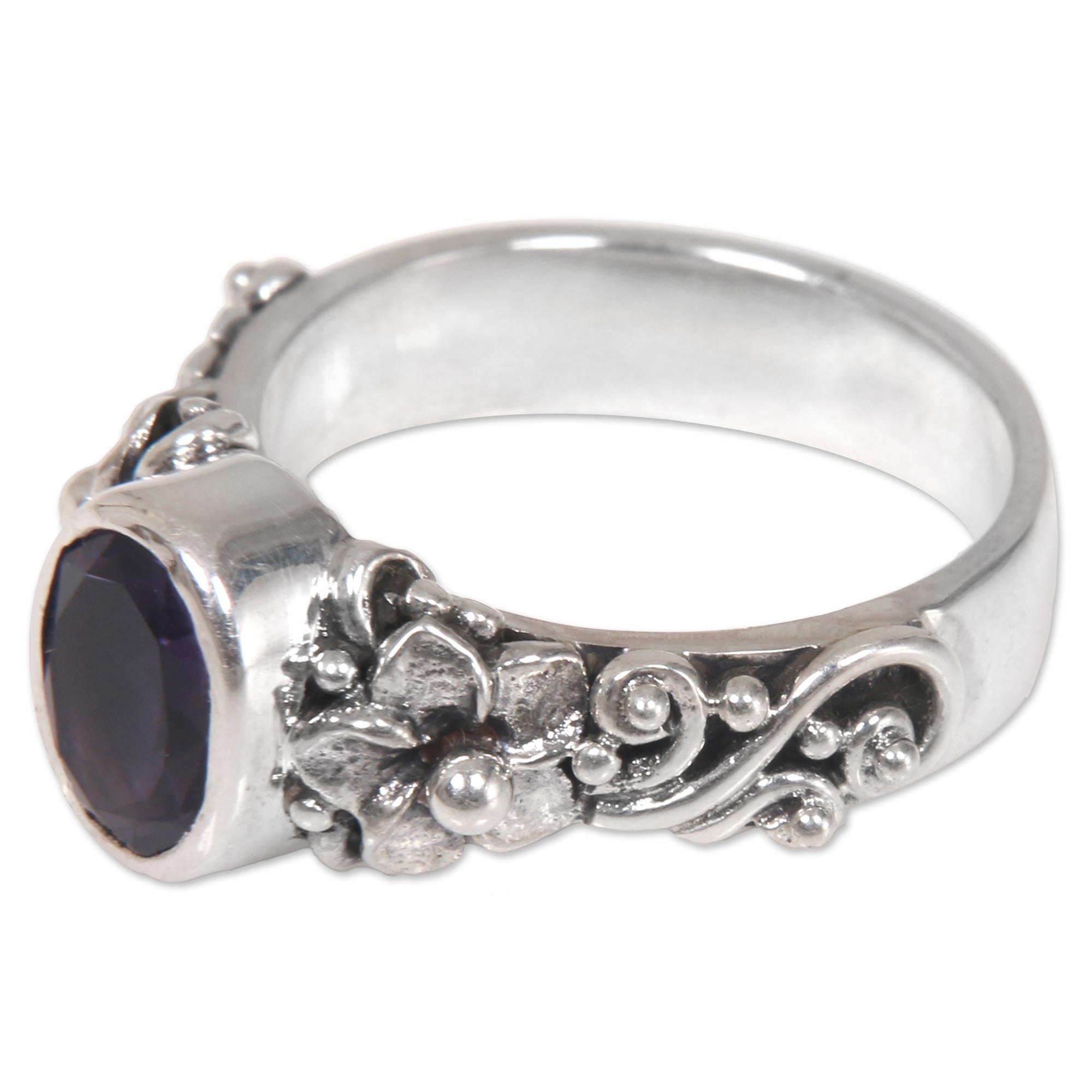 Premium Frangipani Amethyst Silver Ring - Handcrafted Balinese Jewelry