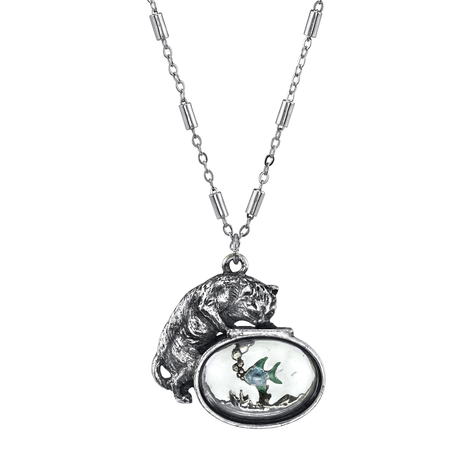 Premium 1928 Jewelry® Pewter Cat & Blue Enamel Fish Necklace - 30In Vintage Style