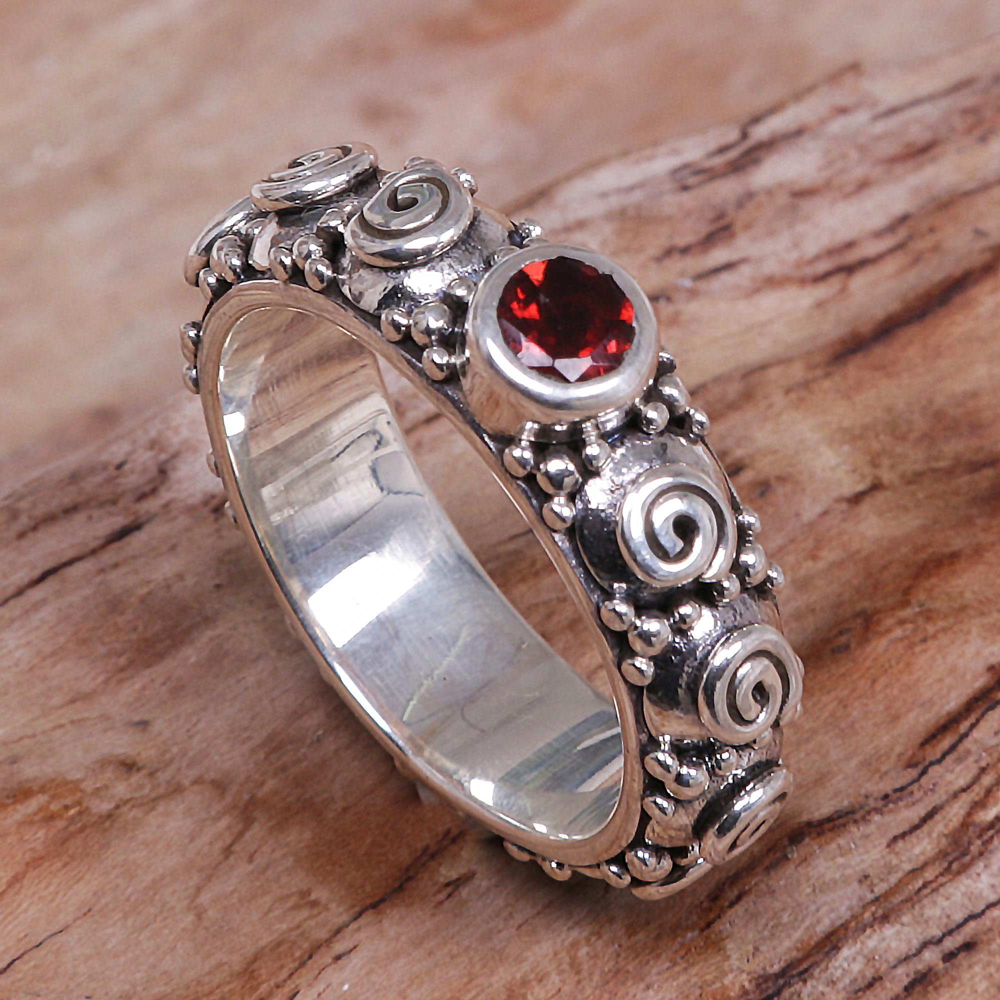 Premium Red Garnet & Sterling Silver Swirl Ring - Handcrafted in Bali