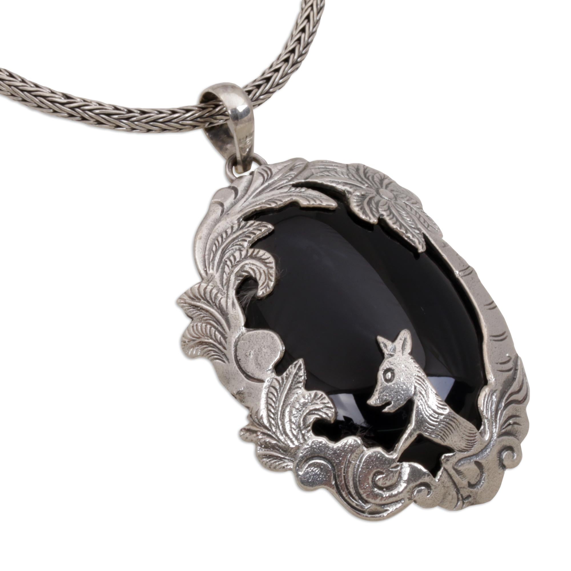 Premium Bali Animal-Themed Sterling Silver & Onyx Pendant Necklace - Wondrous Garden Collection