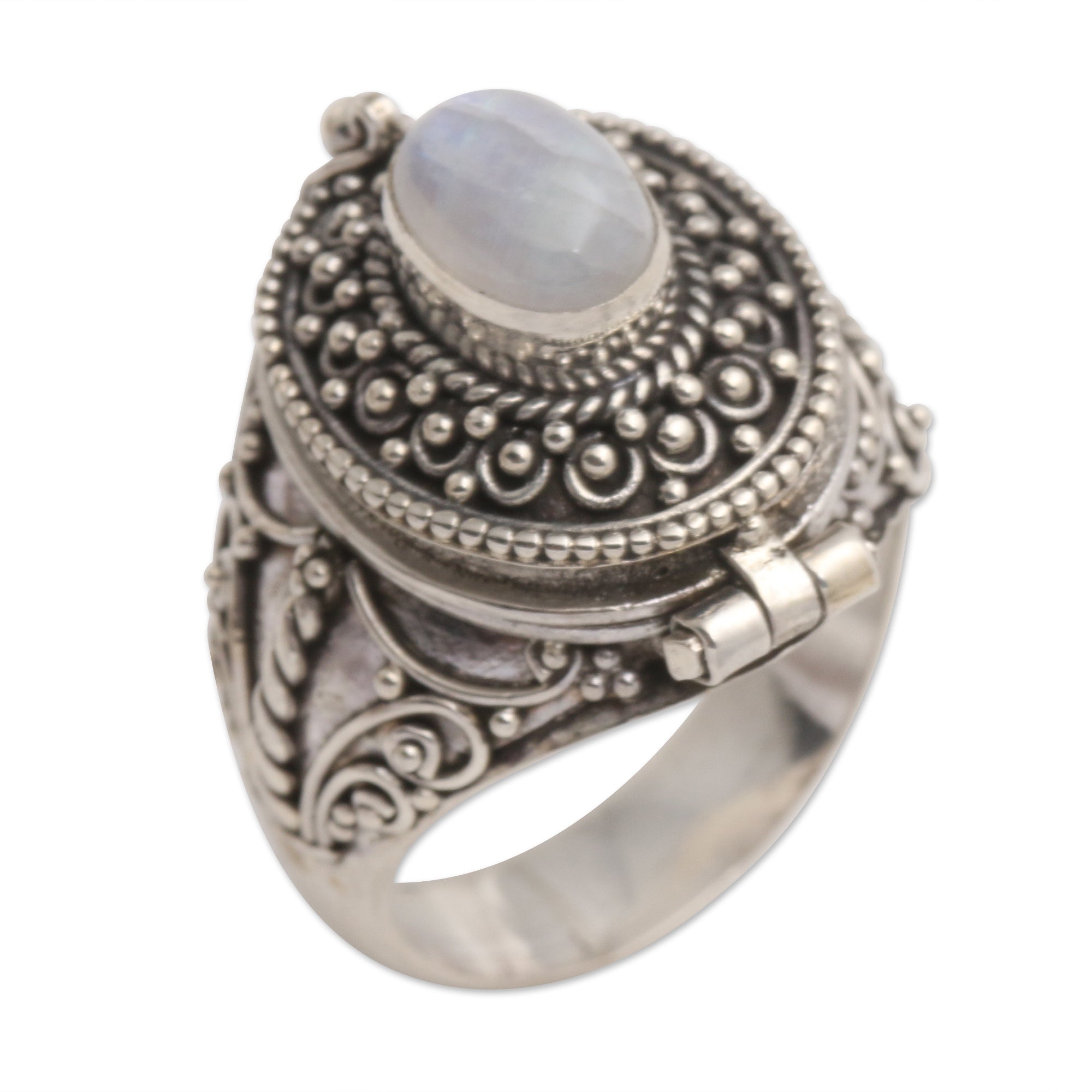 Premium Secret Compartment Rainbow Moonstone Cocktail Ring - Sterling Silver