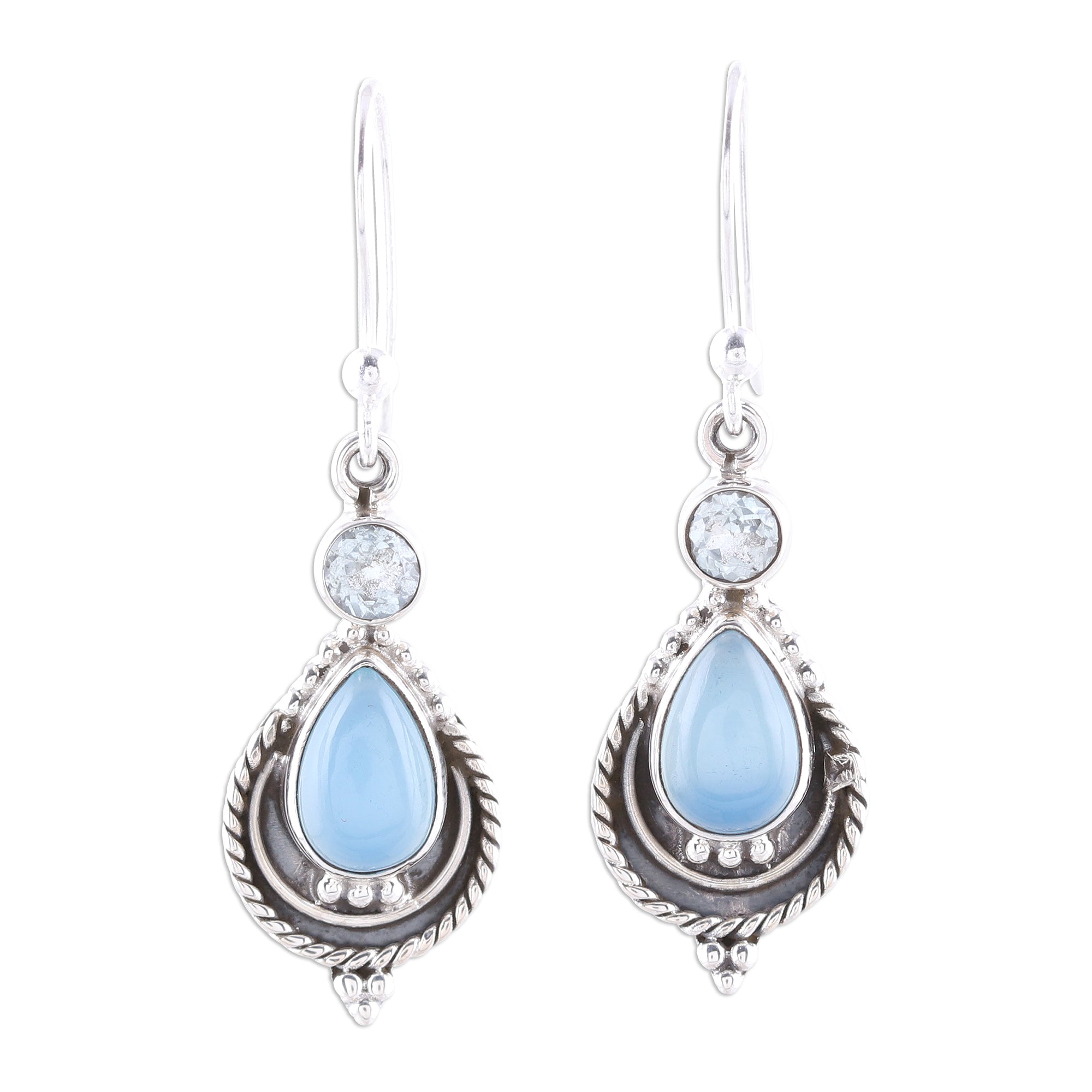 Premium Sky Fascination Chalcedony & Blue Topaz Dangle Earrings – Handcrafted in India