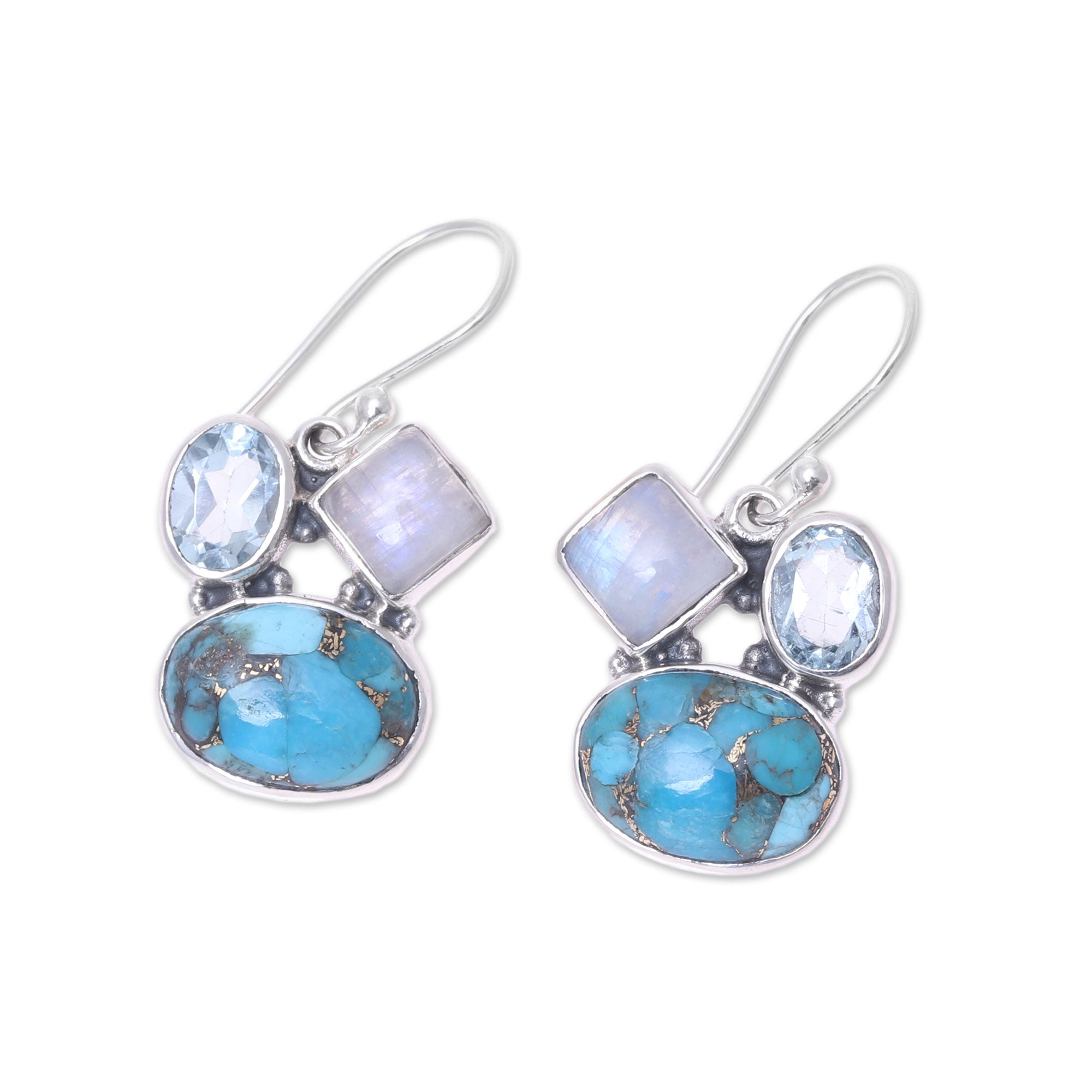 Premium Crystalline Waters Dangle Earrings: Blue Topaz & Rainbow Moonstone