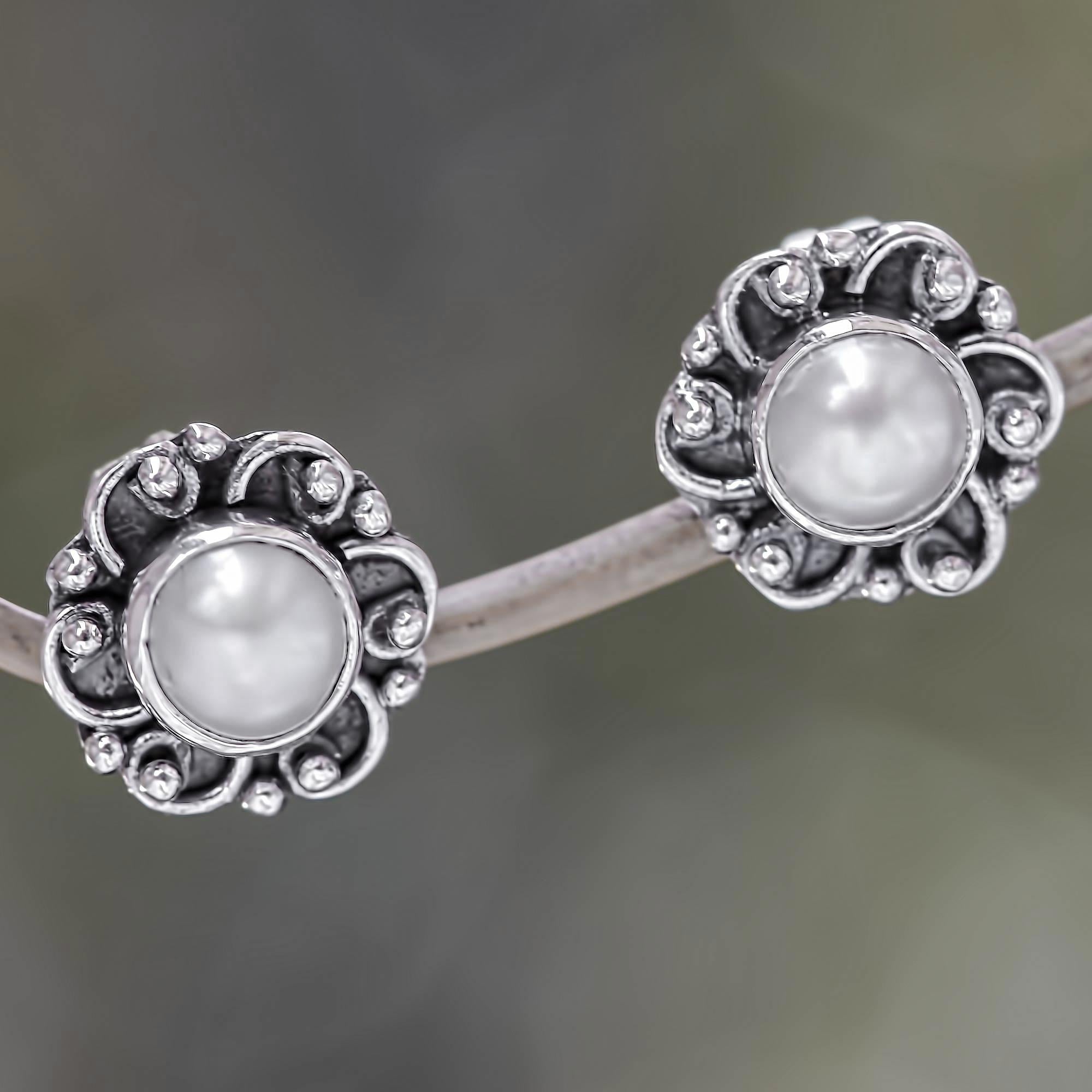 Premium Moonlit Blossoms Pearl Earrings – Handmade Sterling Silver Studs