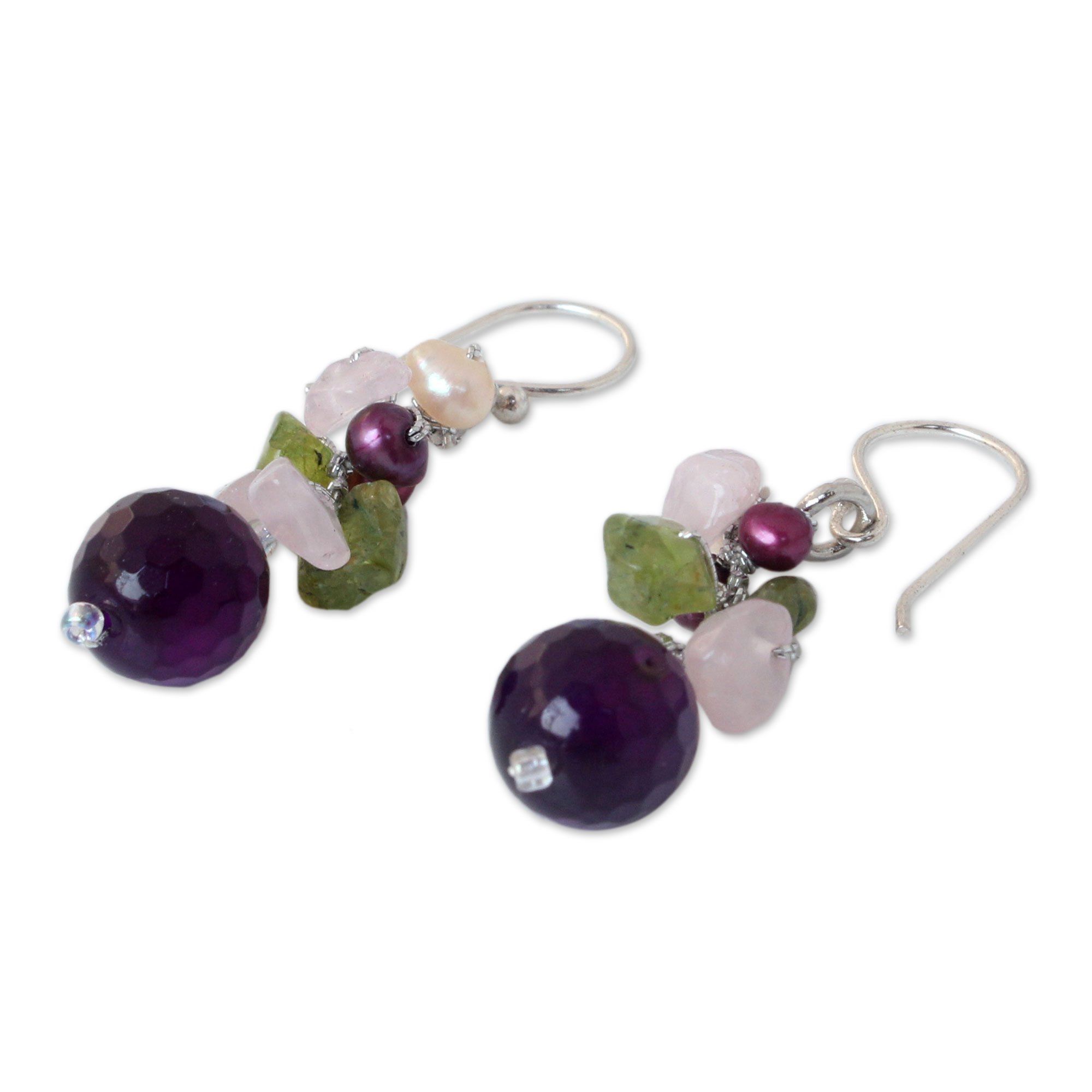 Premium Gemstone & Pearl Cluster Earrings - Handcrafted Elegance