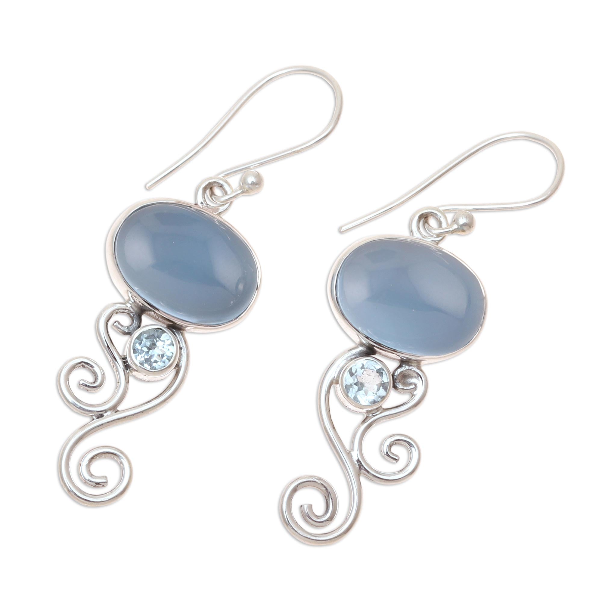 Premium Oval Tendrils Chalcedony and Blue Topaz Dangle Earrings - Handcrafted in India