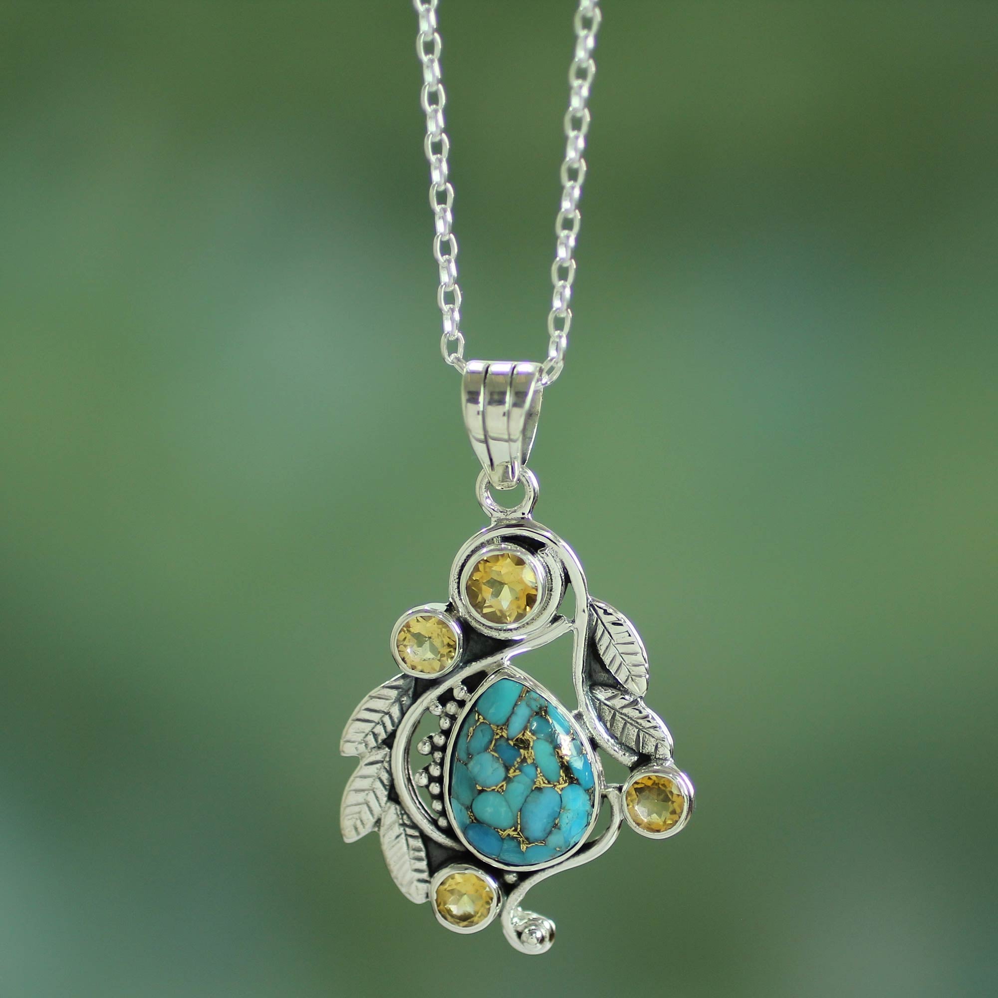 Premium Golden Forest Mist Handmade Necklace with Turquoise & Citrine