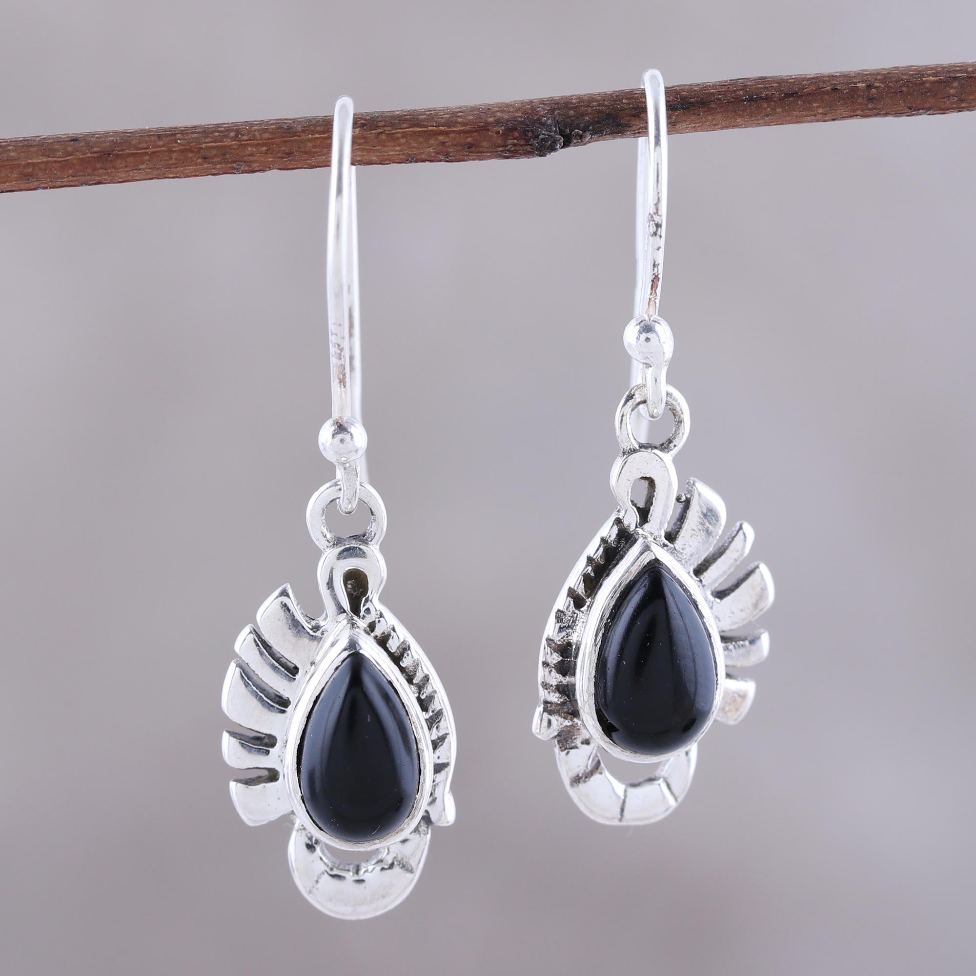 Premium Feather Bliss Teardrop Onyx Dangle Earrings - Handcrafted in India