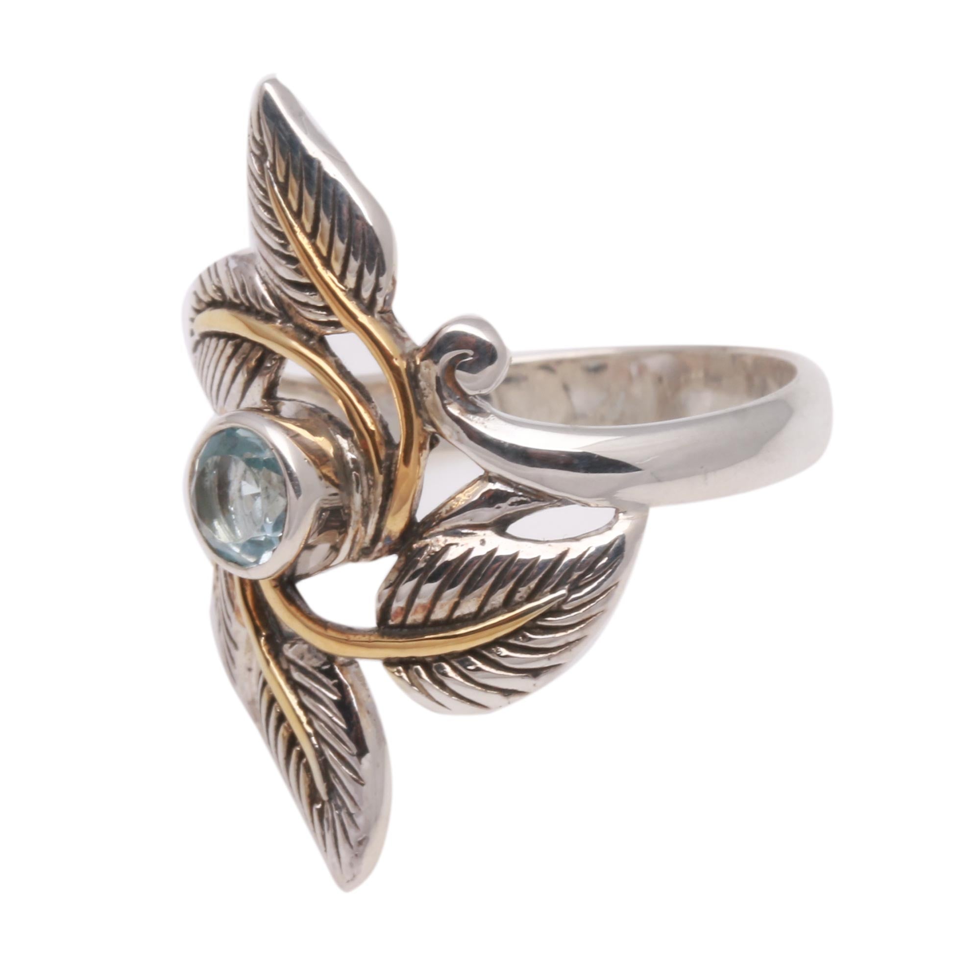 Premium Balinese Blue Topaz Cocktail Ring with Gold-Accented Leaves