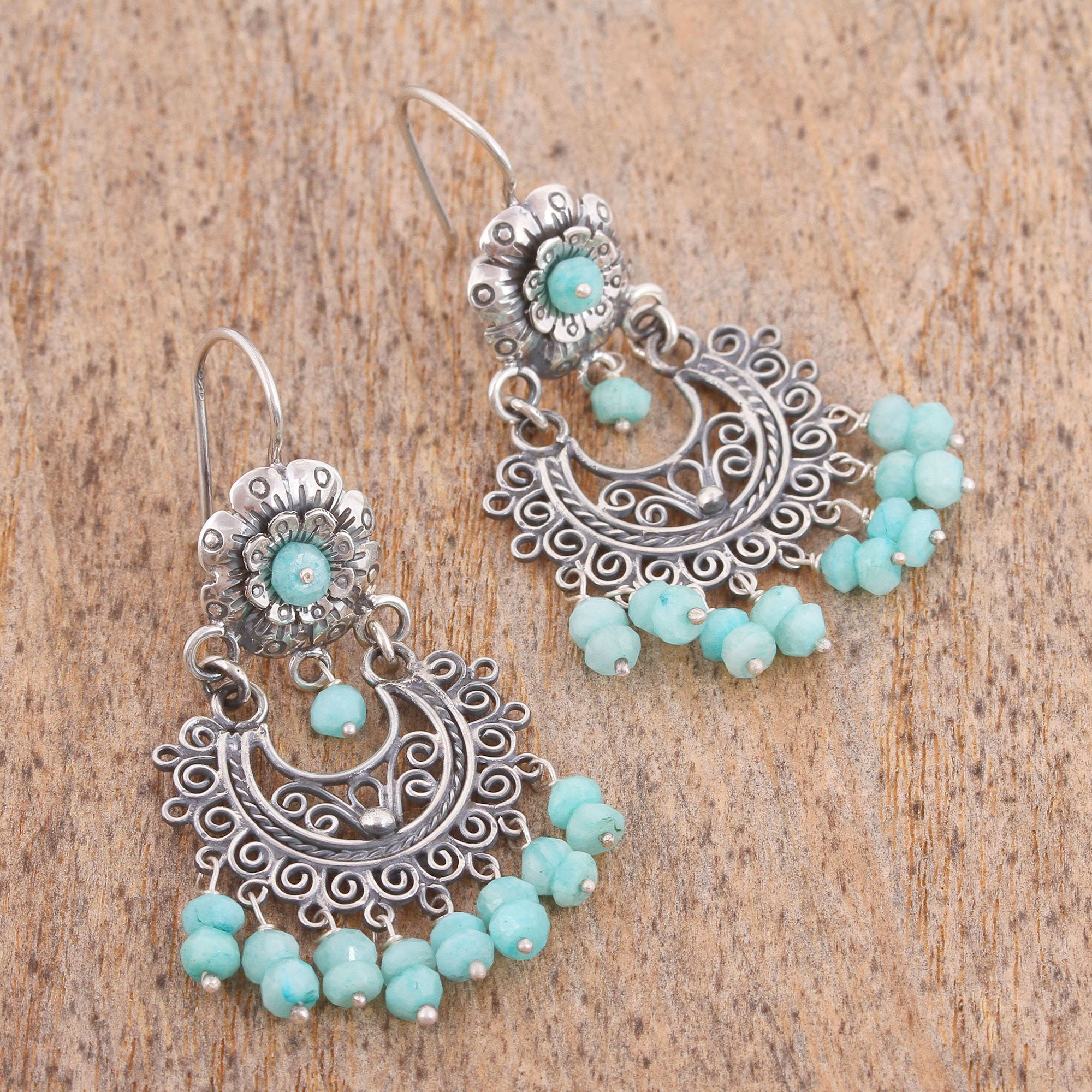 Premium Floral Amazonite Chandelier Earrings - Handcrafted in Mexico