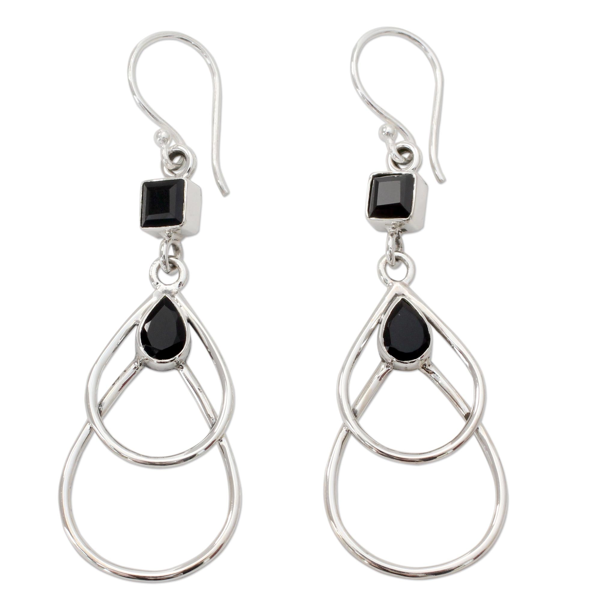 Premium Black Ice Onyx Dangle Earrings in Polished Sterling Silver