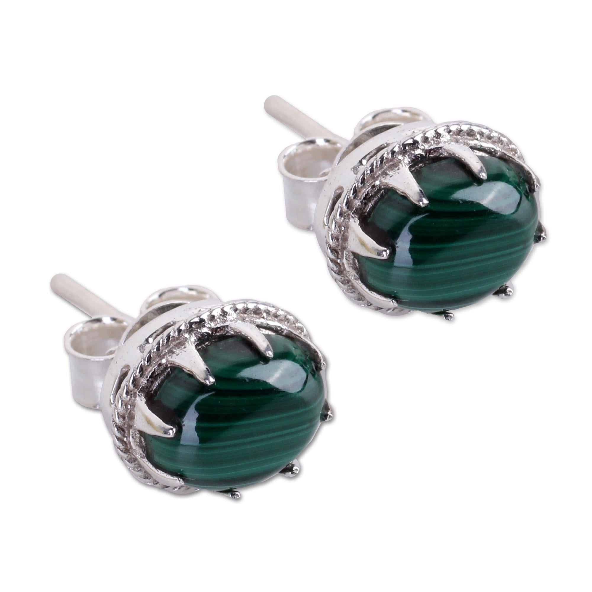 Premium Morning Forest Malachite Stud Earrings - Handmade Silver Jewelry