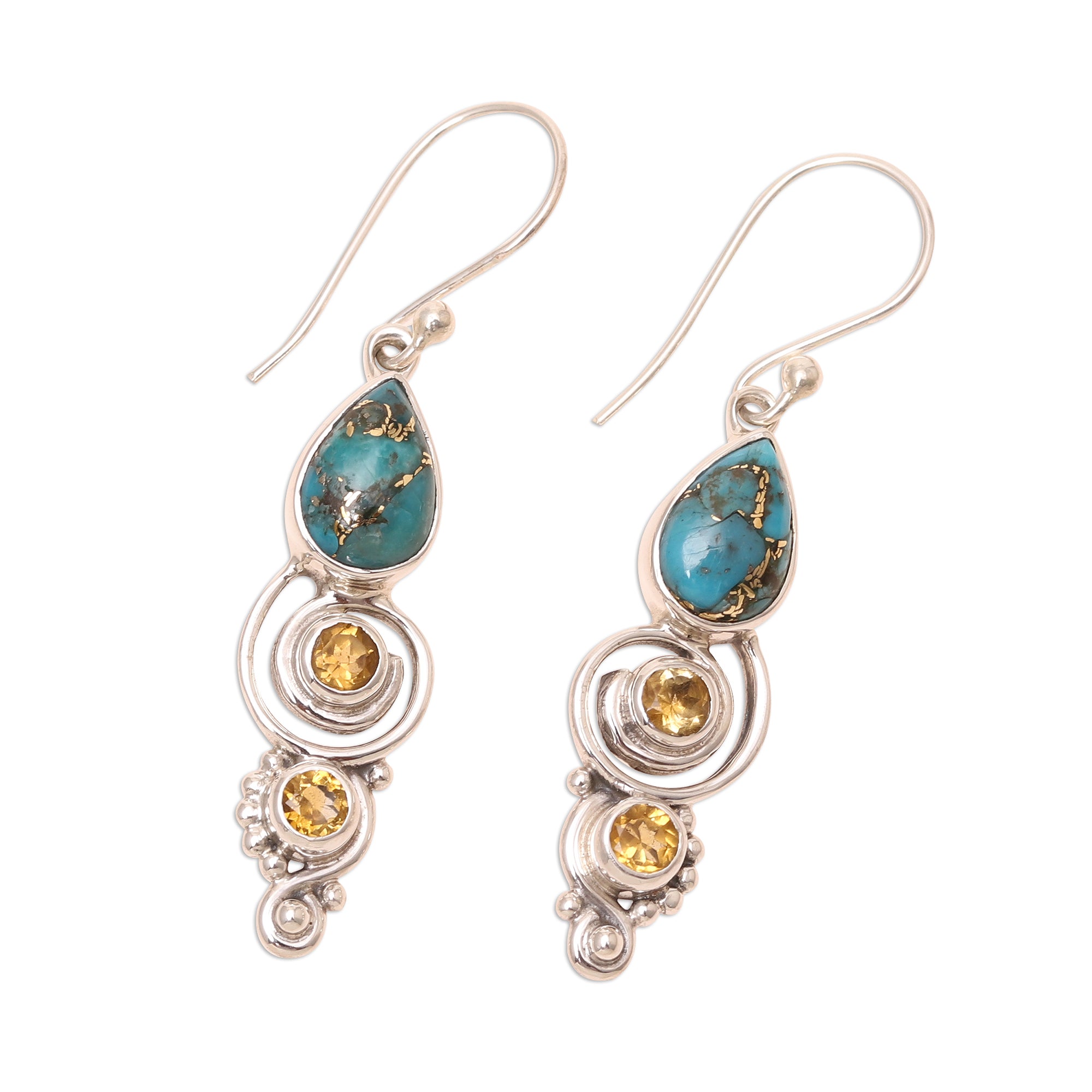 Premium Citrine & Turquoise Dangle Earrings - Handcrafted Sterling Silver Jewelry from India