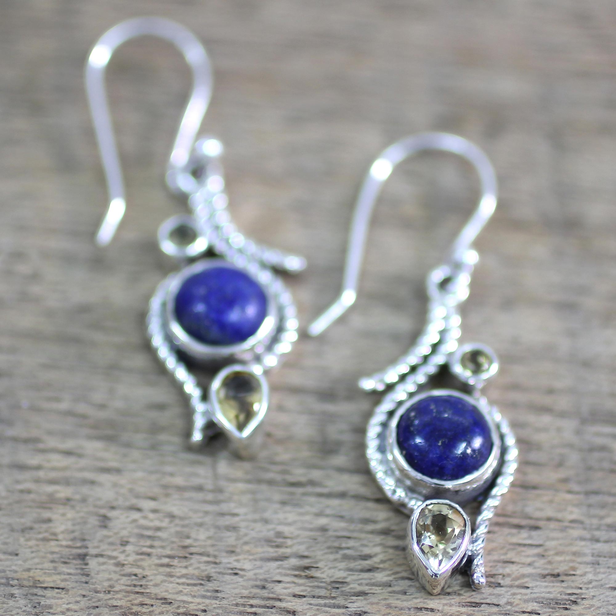 Premium Starry Bliss Lapis Lazuli & Citrine Sterling Silver Dangle Earrings - Handcrafted in India