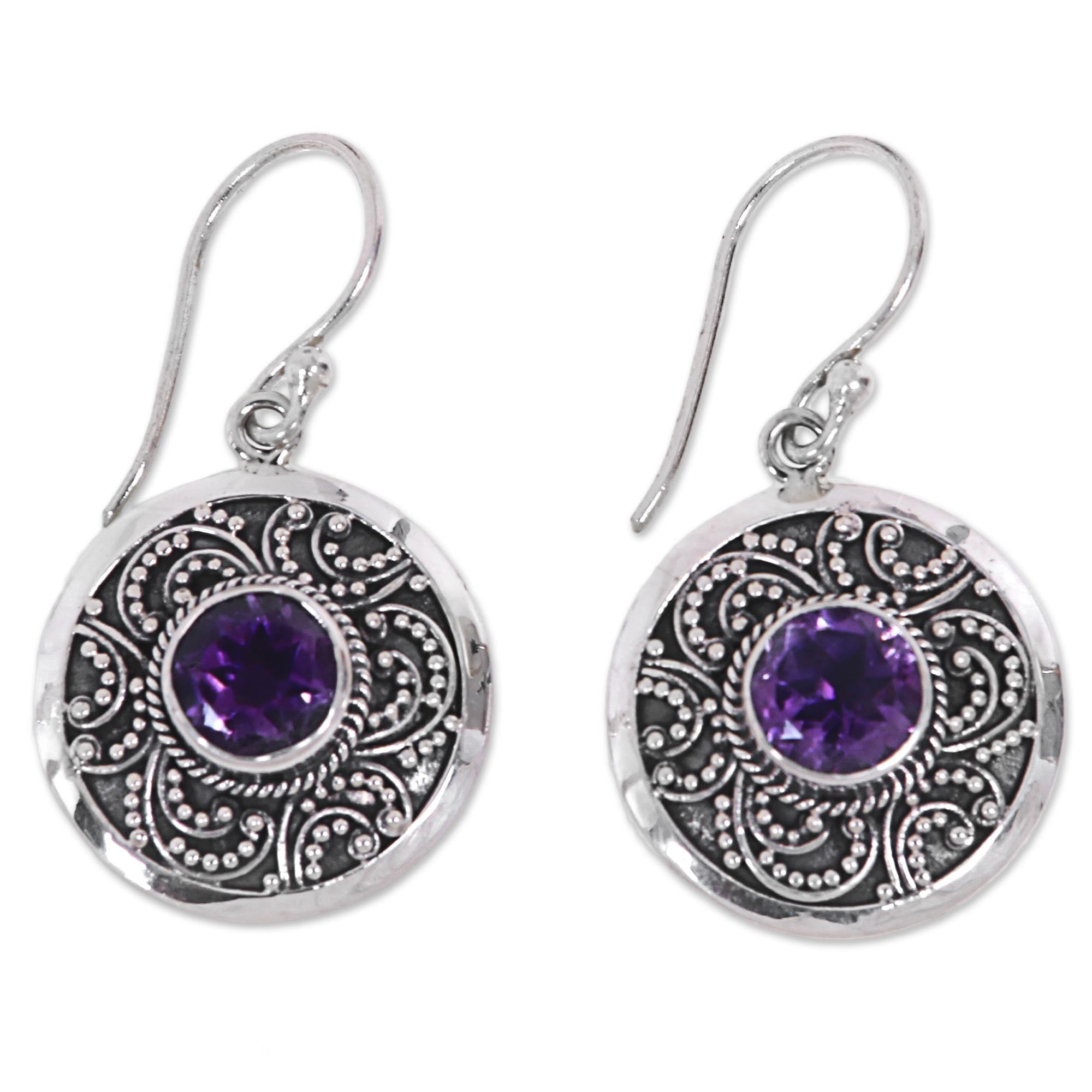 Premium Balinese Aura Amethyst & Silver Dangle Earrings - Handcrafted Elegance