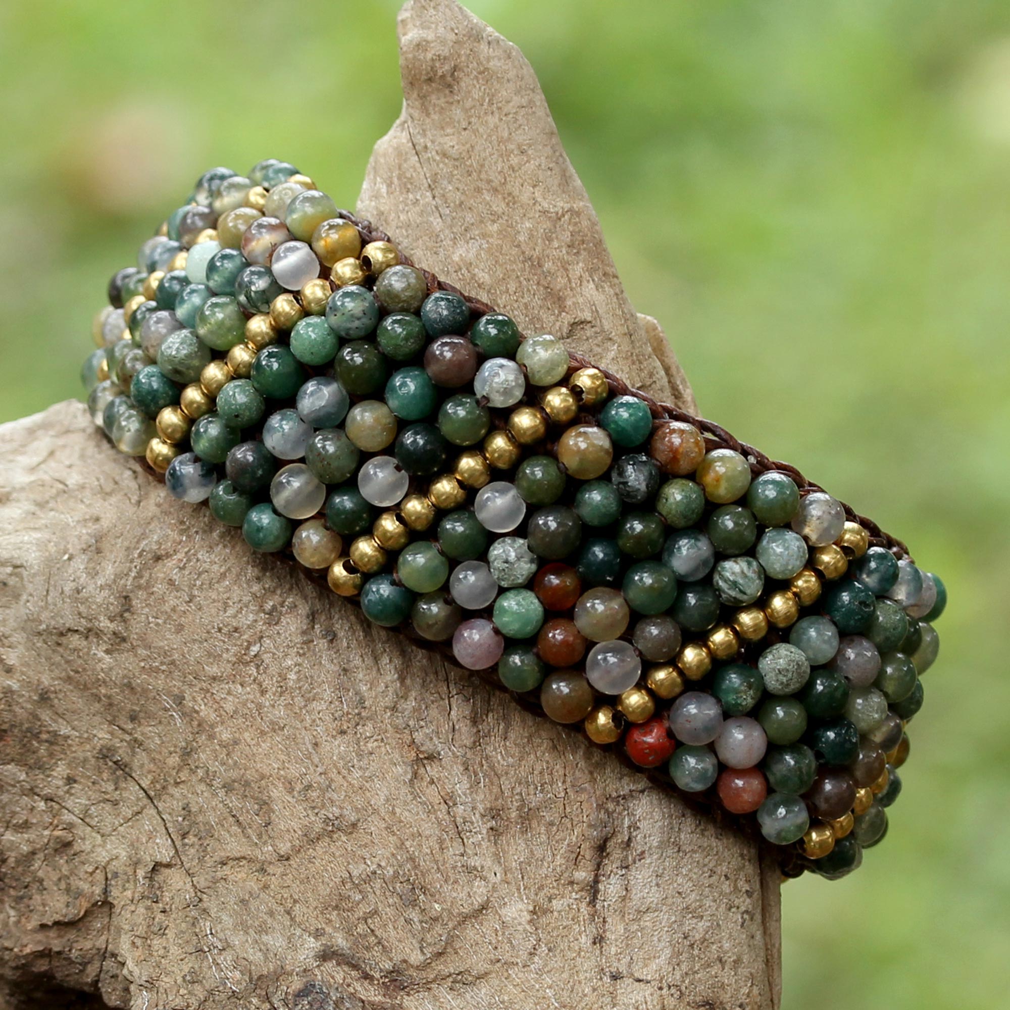 Premium Thai Smile Jasper & Brass Beaded Bracelet – Handcrafted Adjustable Wristband