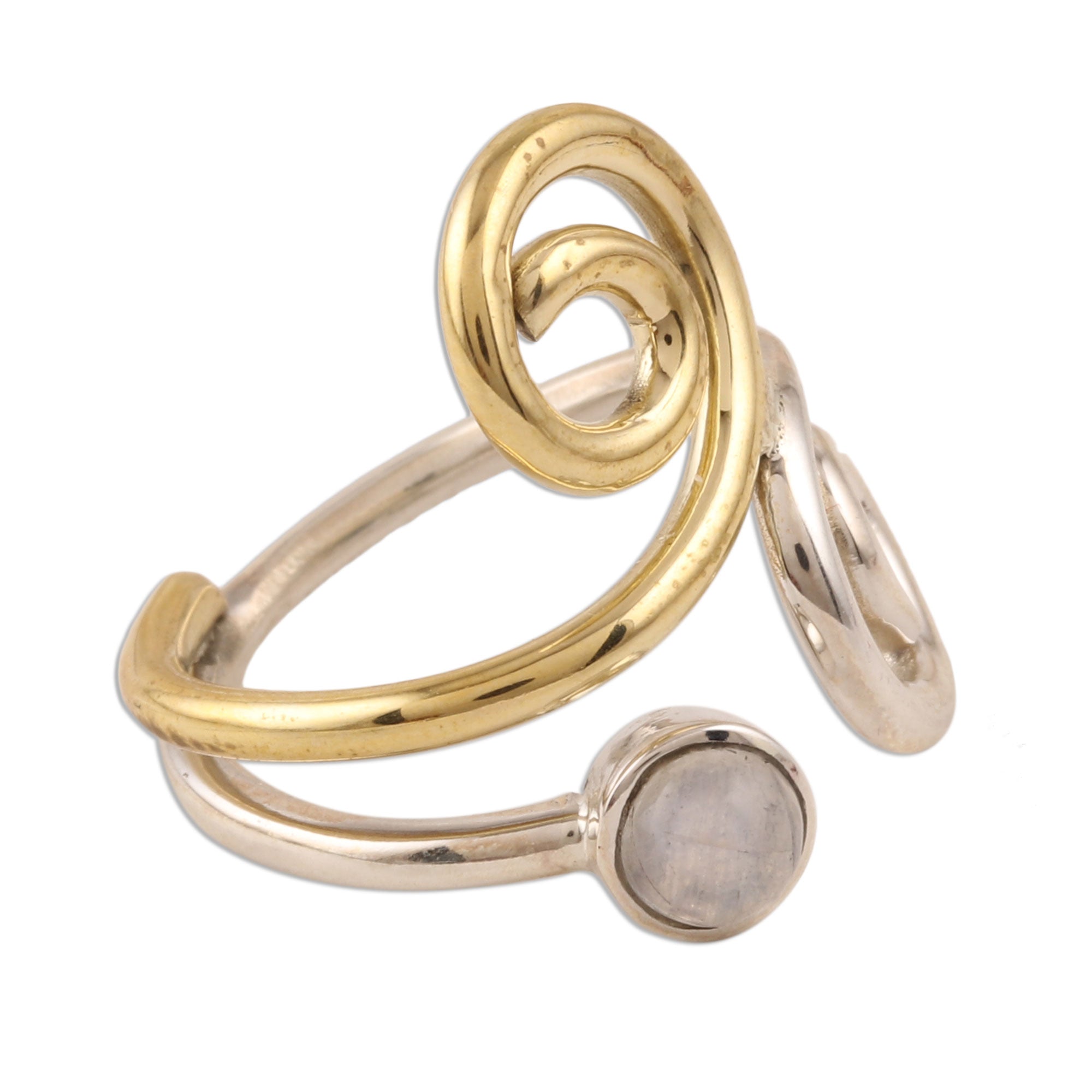 Premium Curling Union Rainbow Moonstone Ring - Sterling Silver & Brass Design