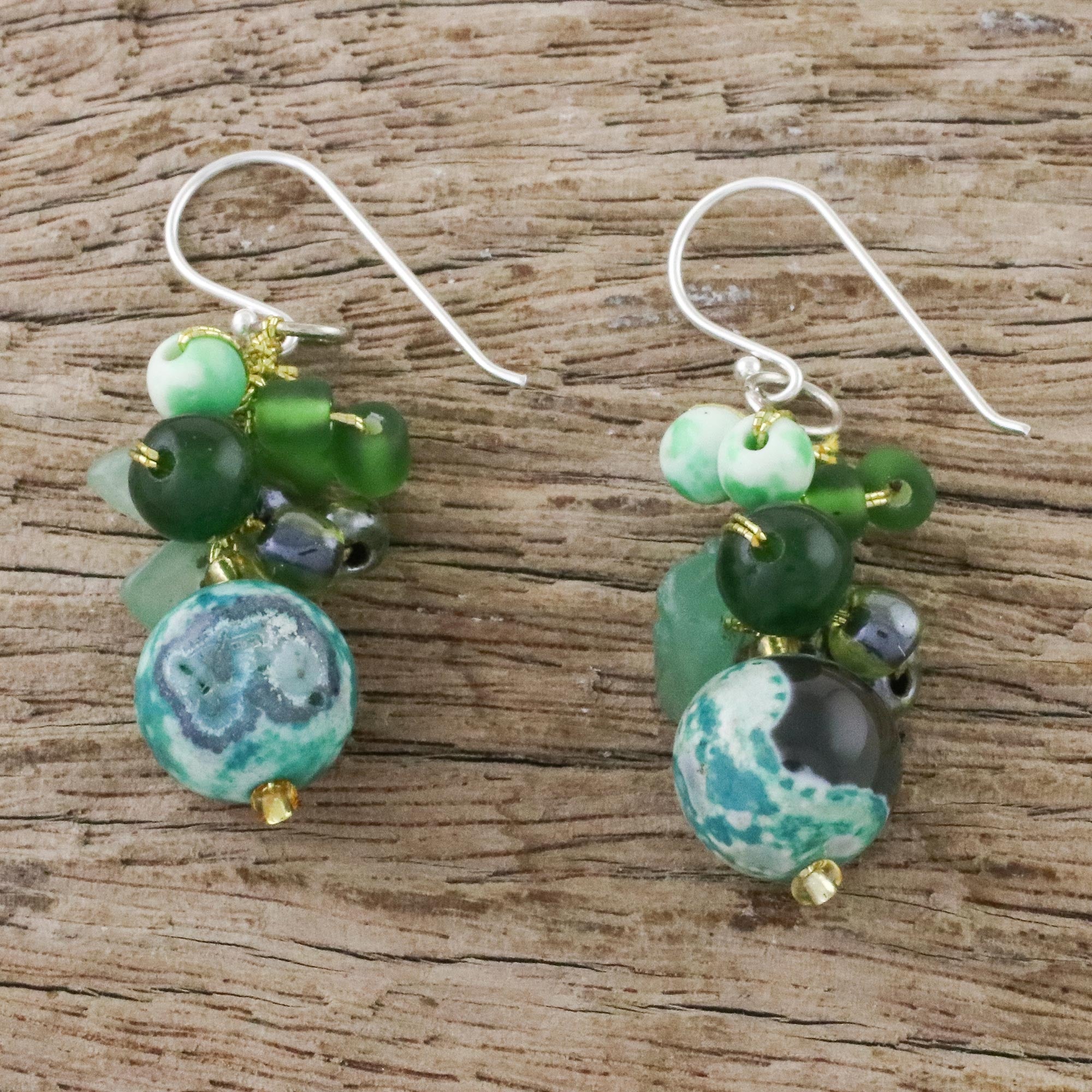 Premium Green Quartz and Glass Bead Dangle Earrings - Handcrafted in Thailand